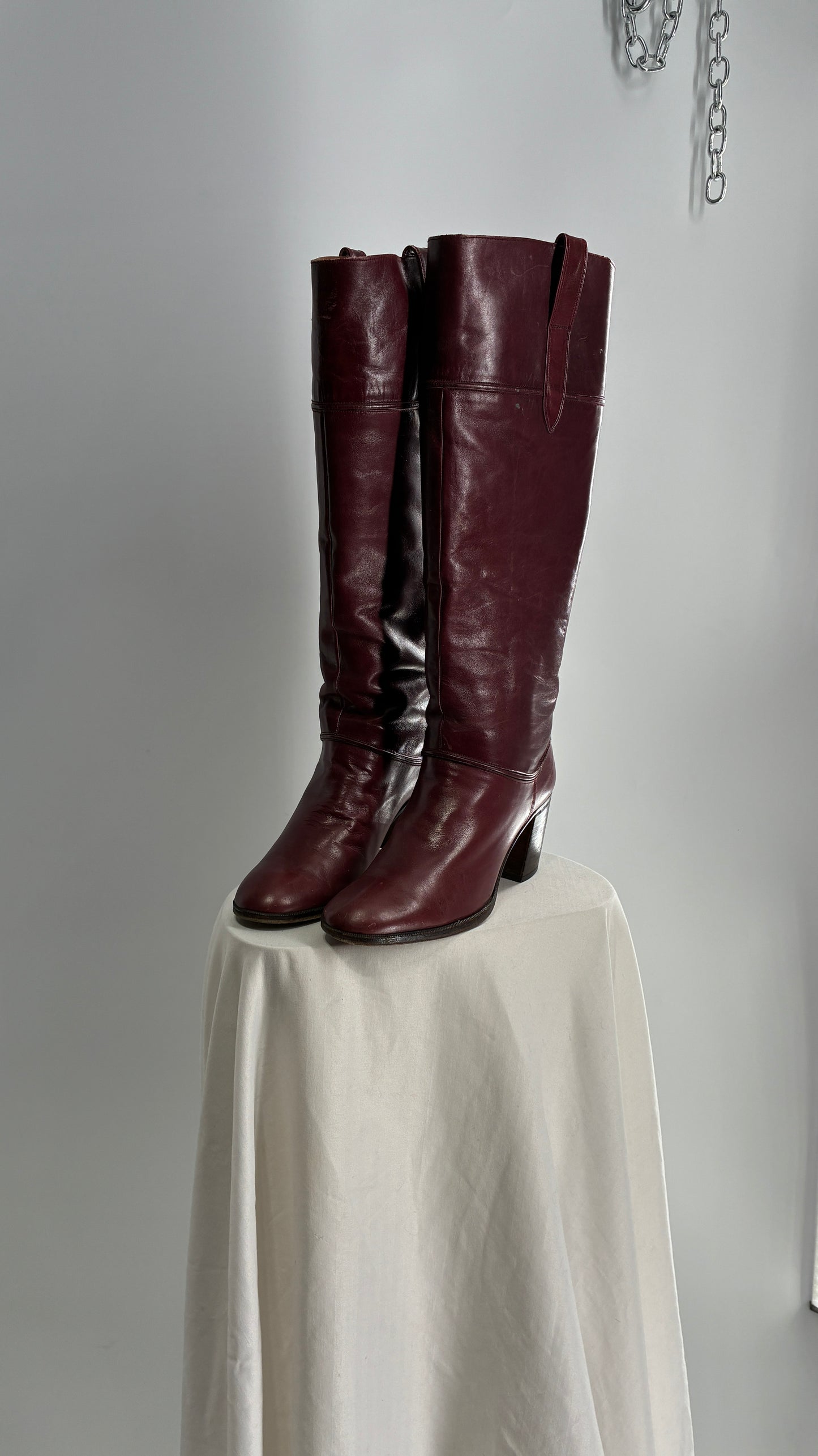 Vintage Red Leather Round Toe Knee High Boots Made in Spain Boots (38)