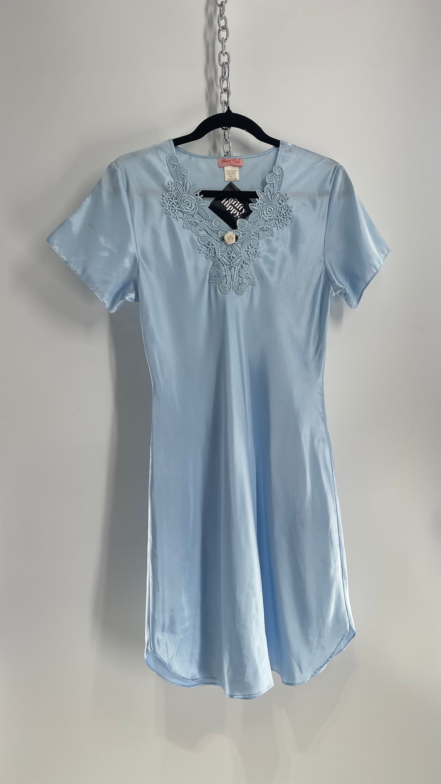 Vintage Bed of Roses Baby Blue Silky Dress with Lace Neckline (Medium)