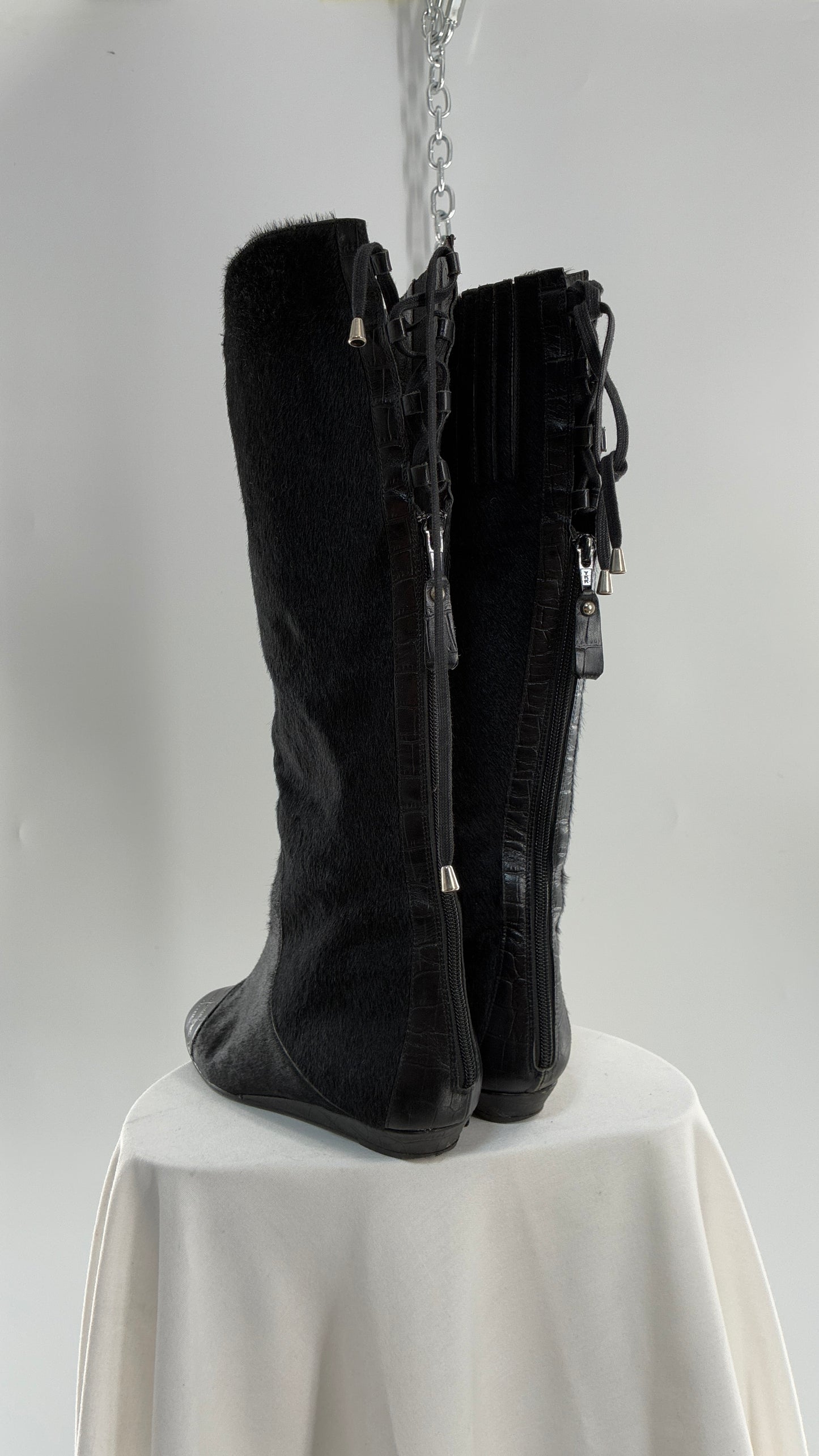 Vintage MIGLIORINI Black Genuine Calf Hair/Fur Boots with Heel, Made in Italy (7.5)