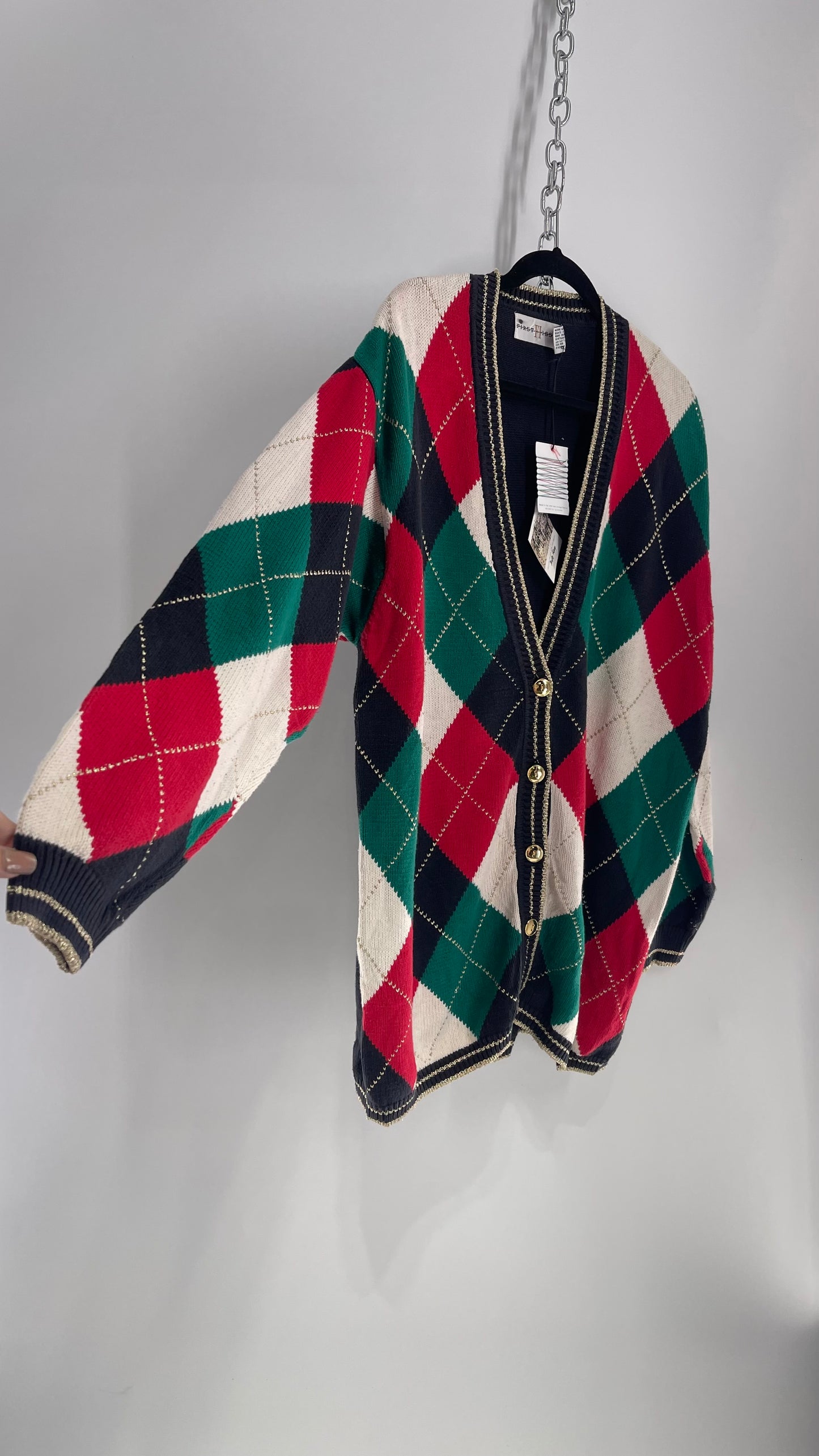 Vintage Urban Outfitters Renewal Argyle Christmas Cardigan with Tags Attached (Large)