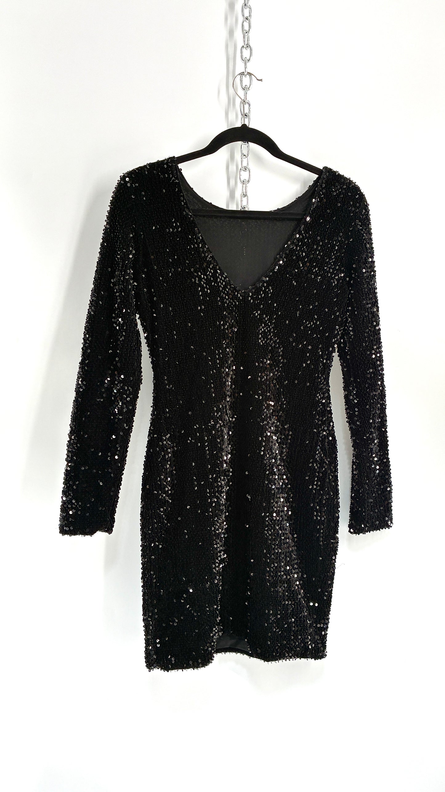 MOTEL Black Thick Velour and Sequin Long Sleeve Bodycon Mini Dress (Medium)