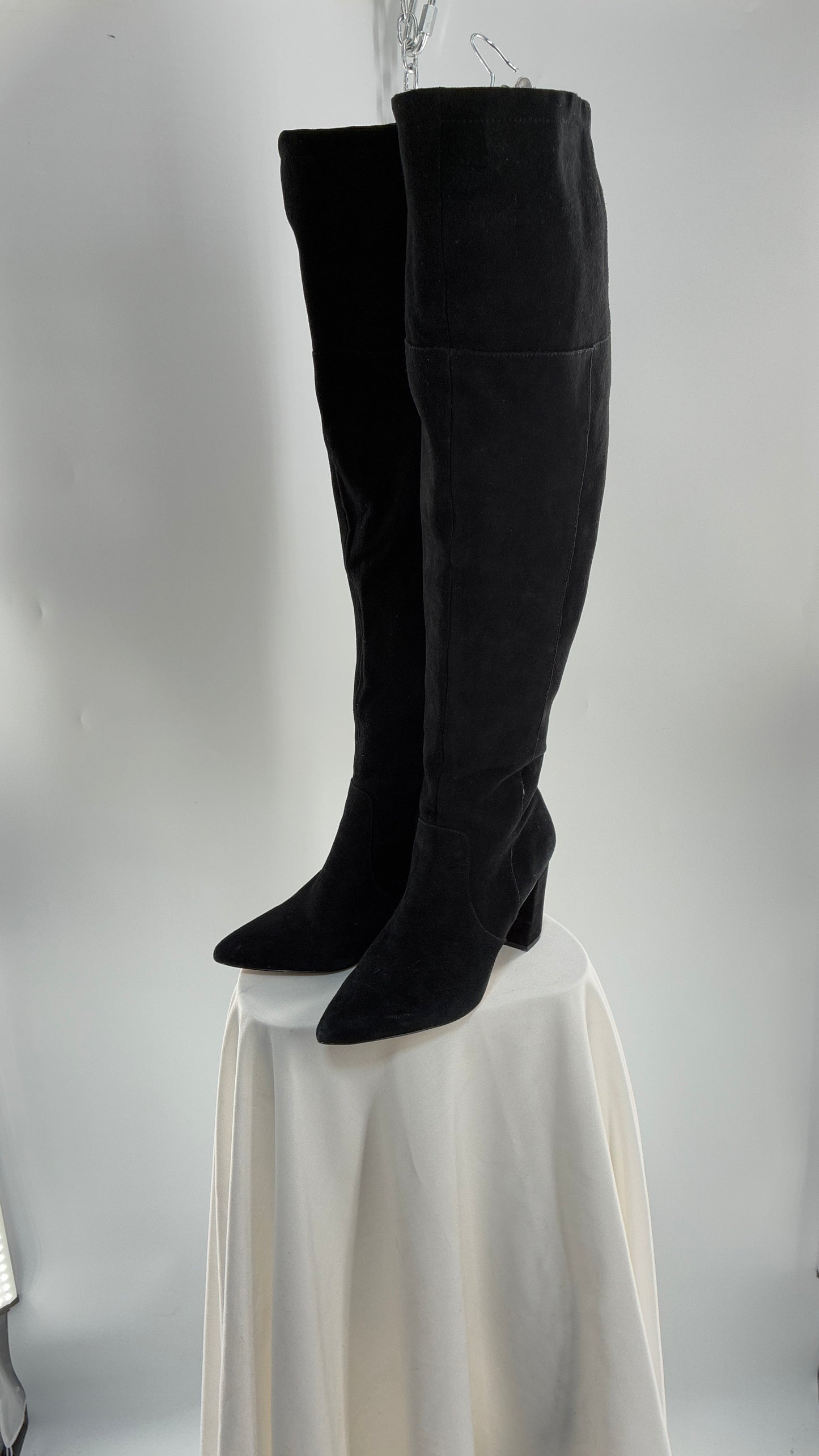 Vintage Black Genuine Suede ADRIENNE VITADINI Thigh High Pointed Toe Boots with Stud Detailing (10)