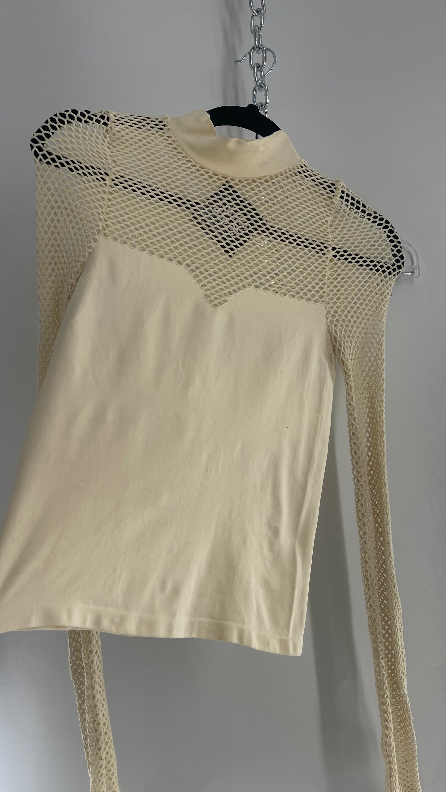 Intimately Free People Worn Off White/Cream Fishnet Sleeve and Bust Stretchy Turtle Neck (XS/S)