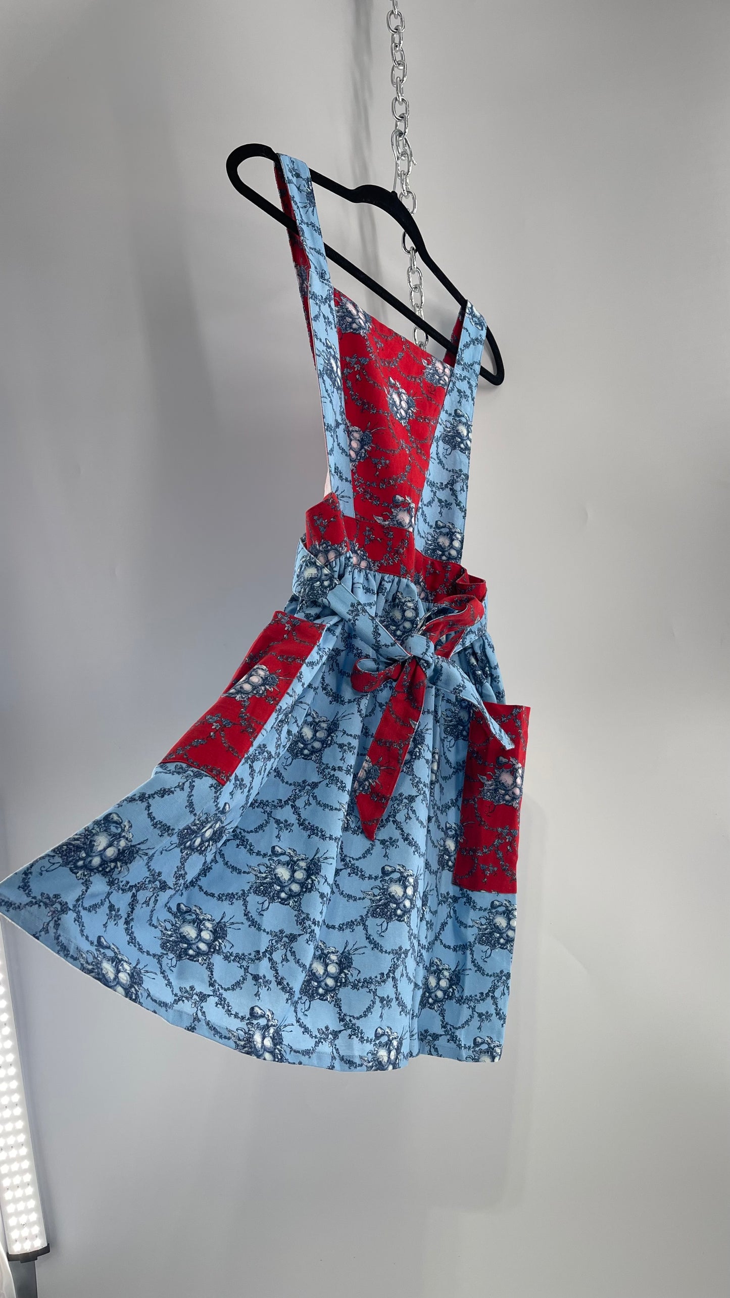 Vintage Apron Red and Baby Blue Floral/Citrus Patterned Mini Dress with Tie Around Bow (S\M)