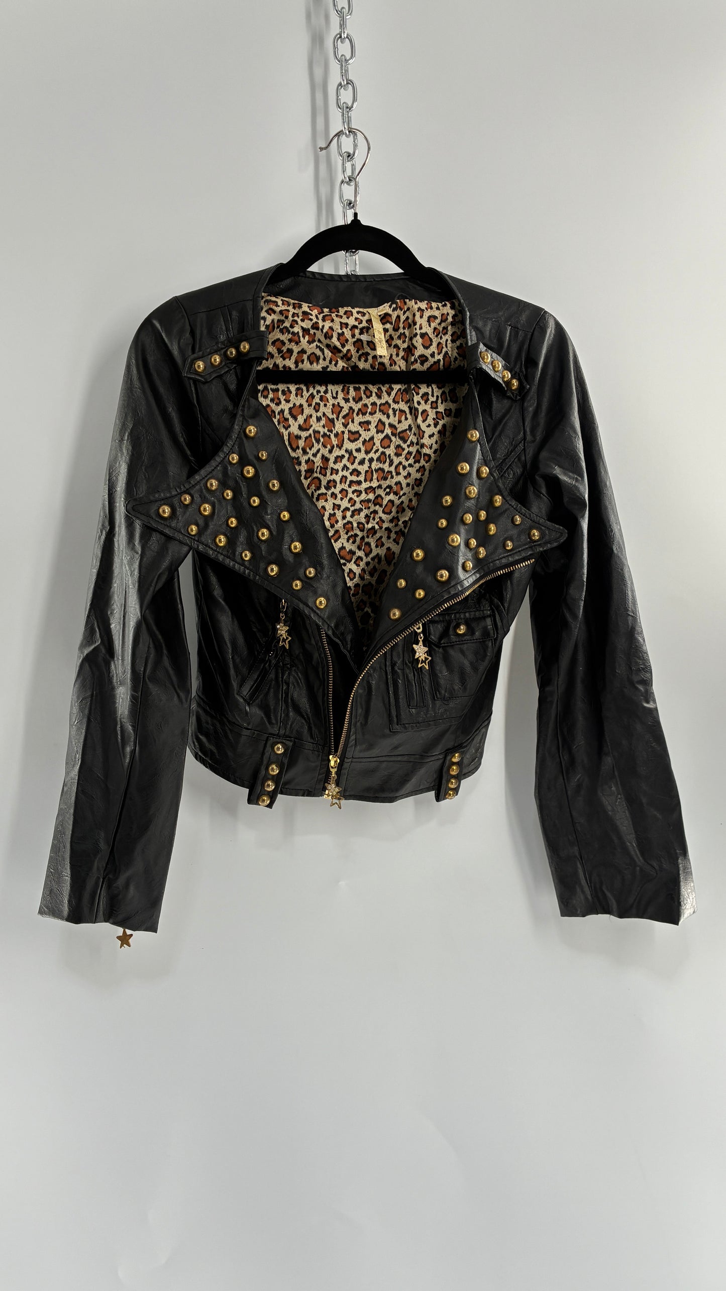 Vintage Black Vegan Leather Jacket with Oversized Lapel, Belt Loops and Pockets Covered in Heavy Duty Gold Studs (Small)