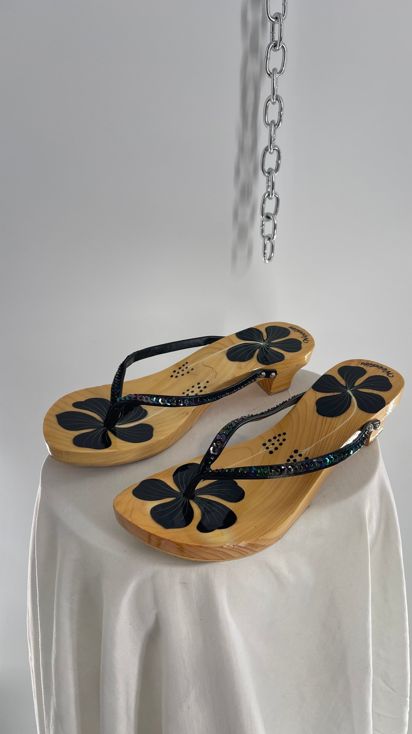 Vintage Woodies Wooden Sandal with Hand Painted Flowers and Leather/Sequin Strap (10)