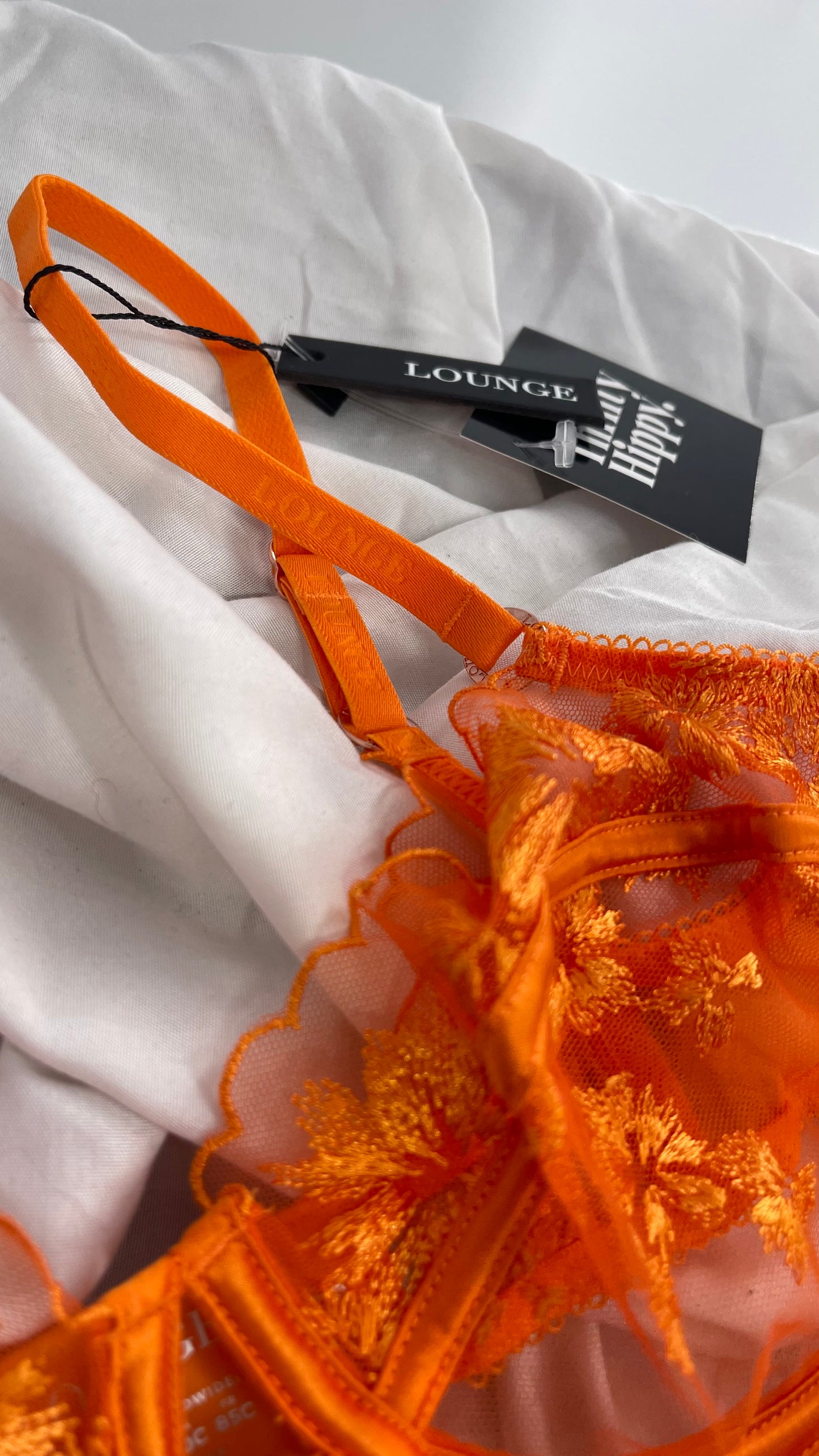 LOUNGE Orange Ava Bra, Garter and Panty Set with Tags Attached (32C, XS)