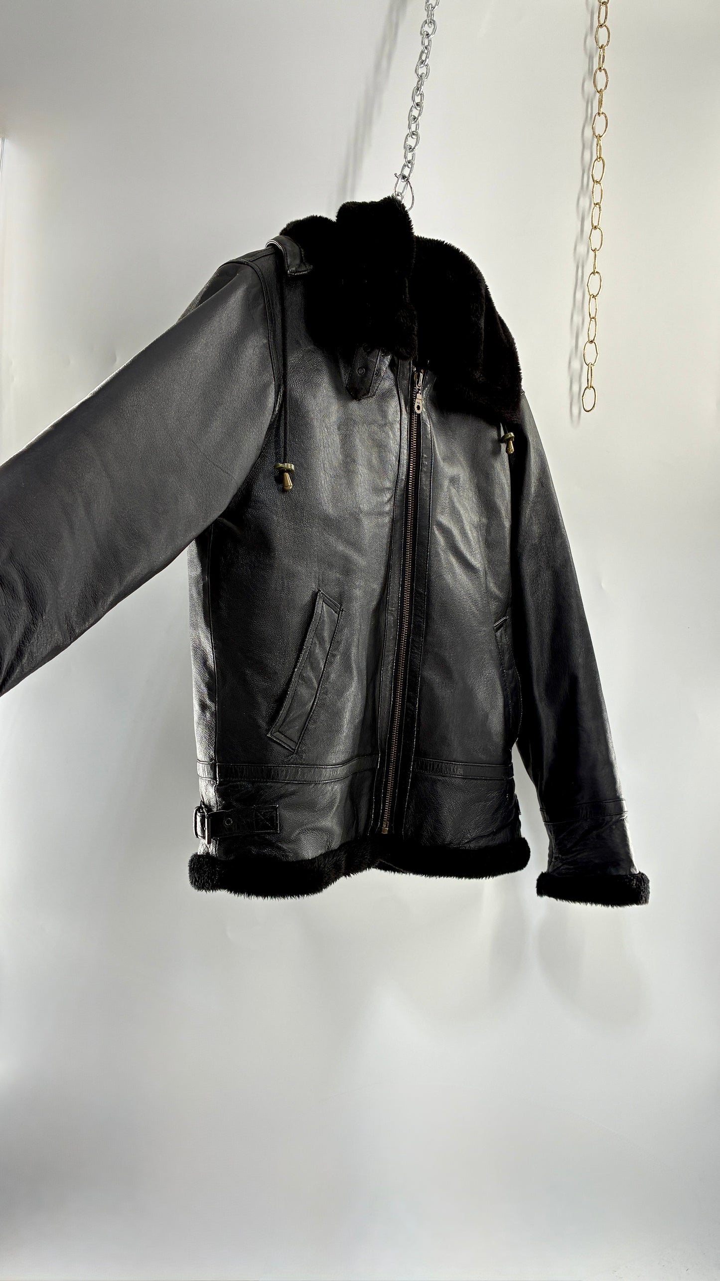 Vintage TANNERS AVENUE Black Genuine Leather Jacket with High Neck and Hood (Medium)
