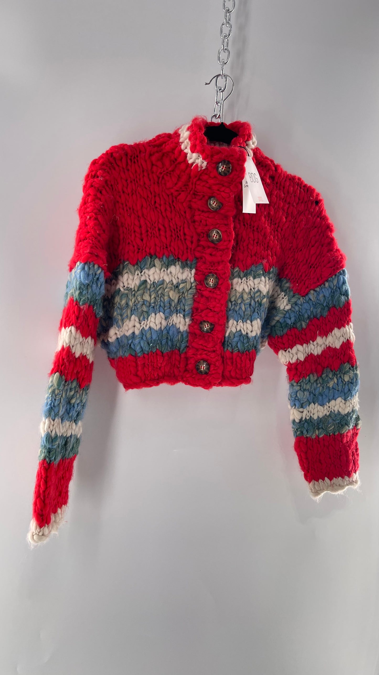 BDG Urban Outfitters Thick Knit Red White Blue Chunky Cropped Striped Cardigan (XS)