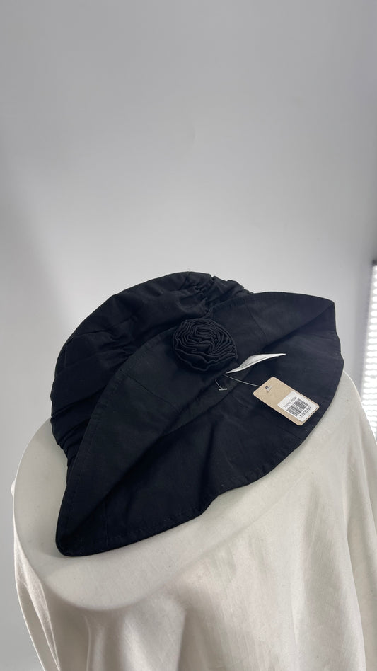 Black Pleated Sunhat with Rosette Detail