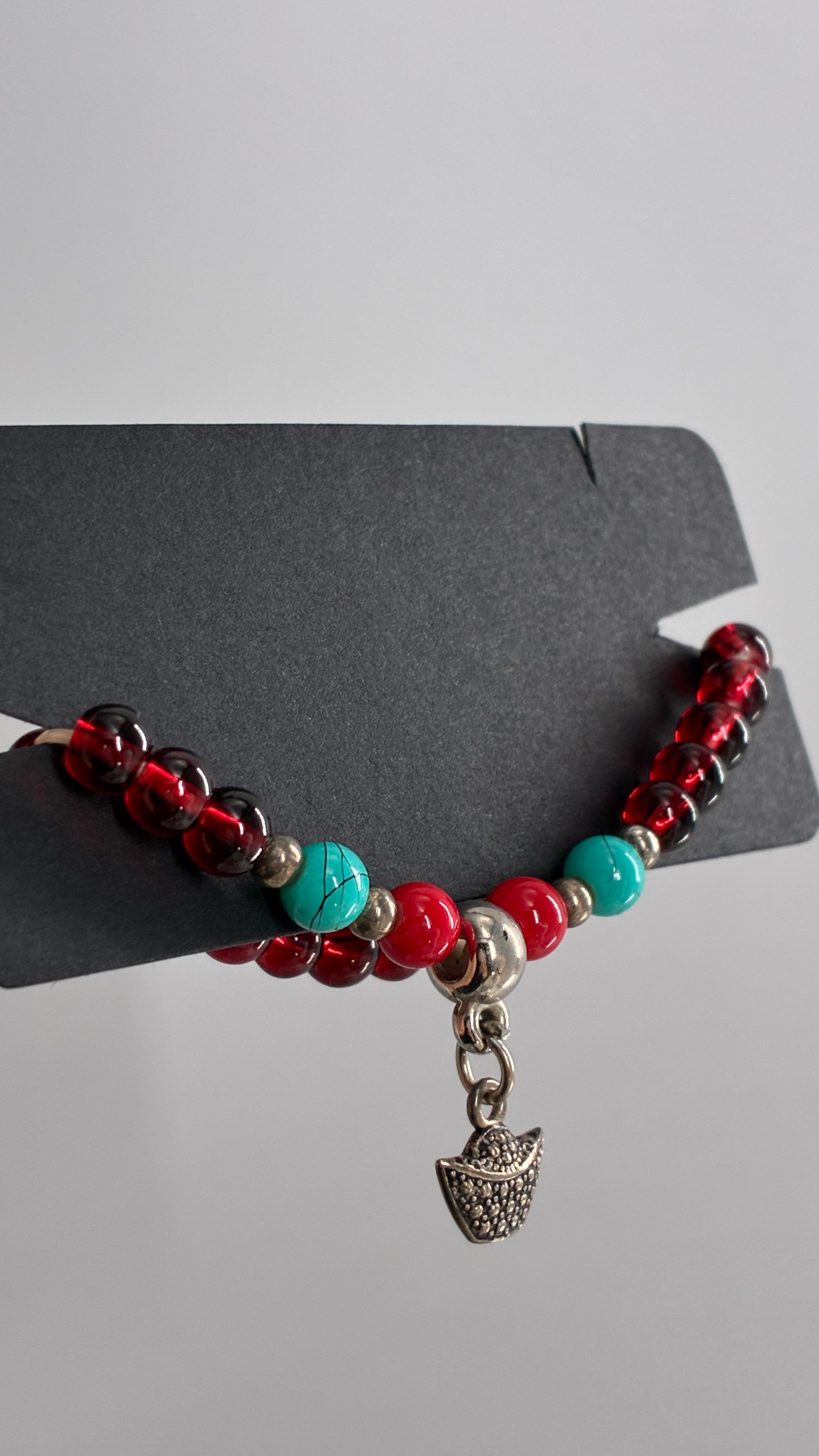 Vintage Red Turquoise Beaded Basket Charm Bracelet