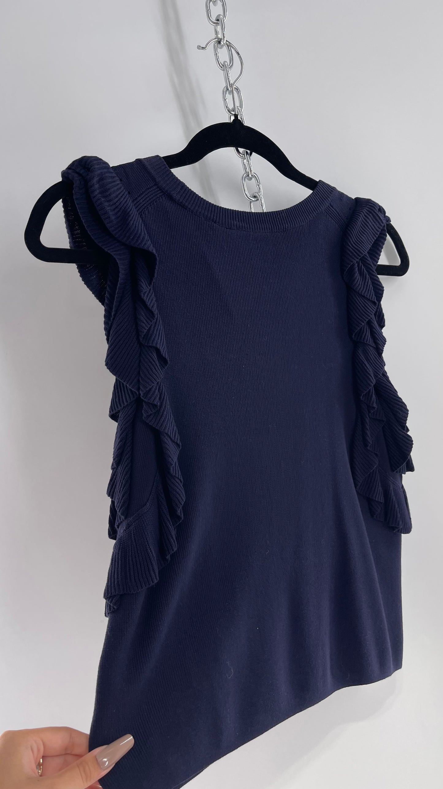 Anthropologie Knitted & Knotted Navy Ruffled Arm Sleeveless Blouse (Small)