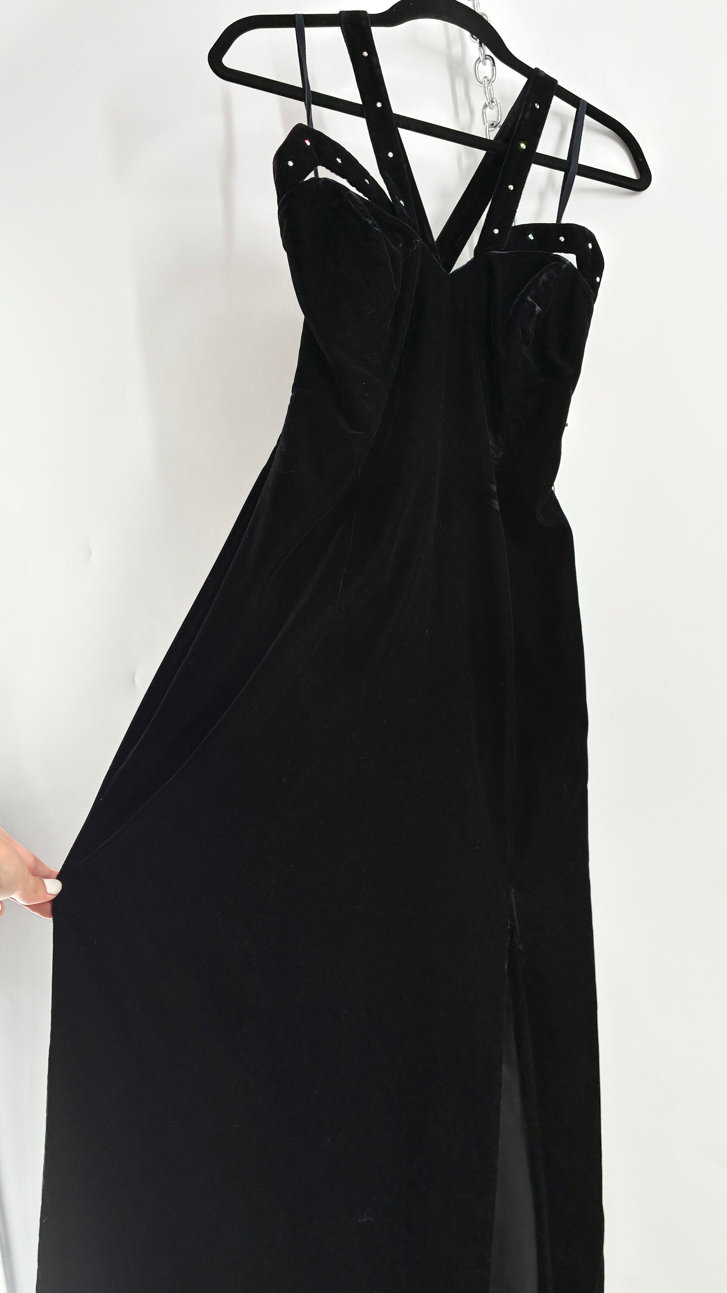 Vintage Handmade Velvet Gown with Pointed Bust Lined in Rhinestones and Dramatic Side Slit (S/M)