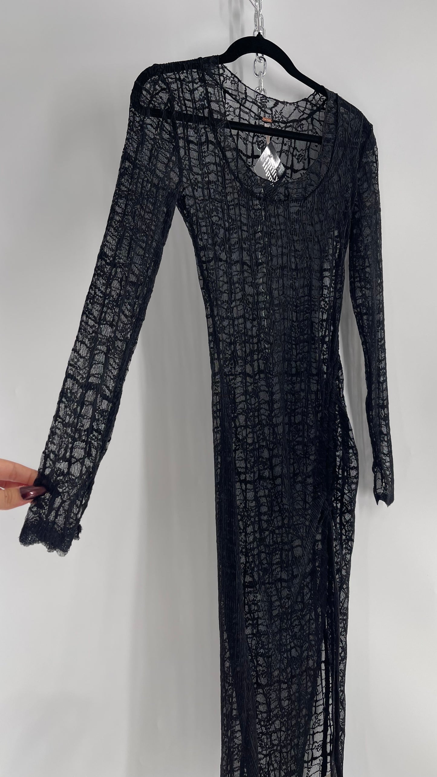 Free People Sabina Black Sheer Crimped Lace Long Sleeve Maxi with Ruched Slit (XS)