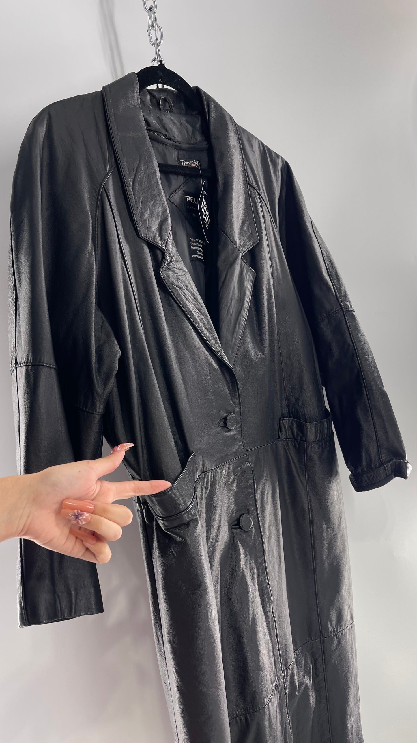 PELLE Vintage Black Leather Duster Coat (C) (Medium)