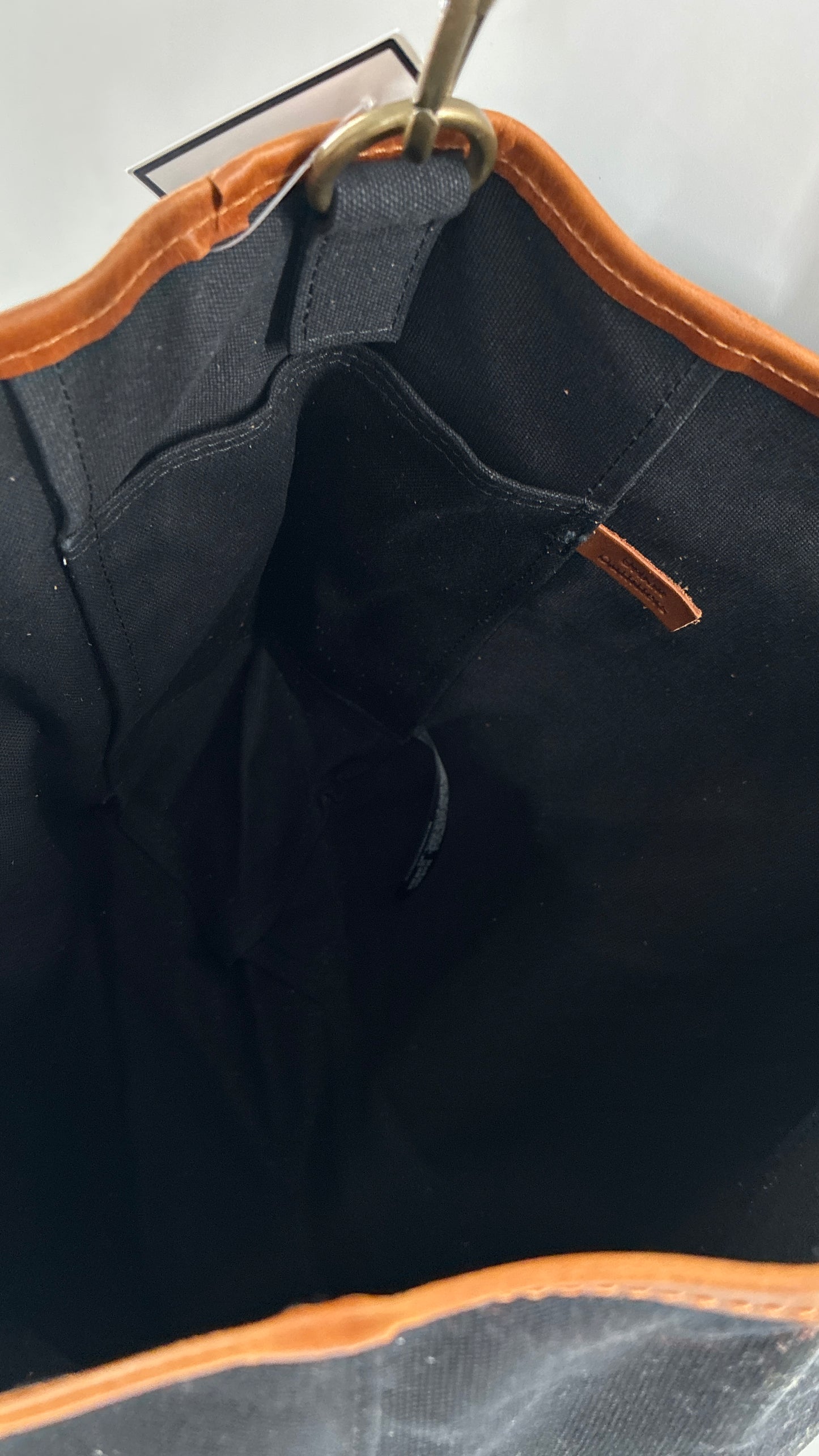 Urban Outfitters Large Black Cotton Tote Bag with Inner Pockets, Genuine Leather Lining and Straps