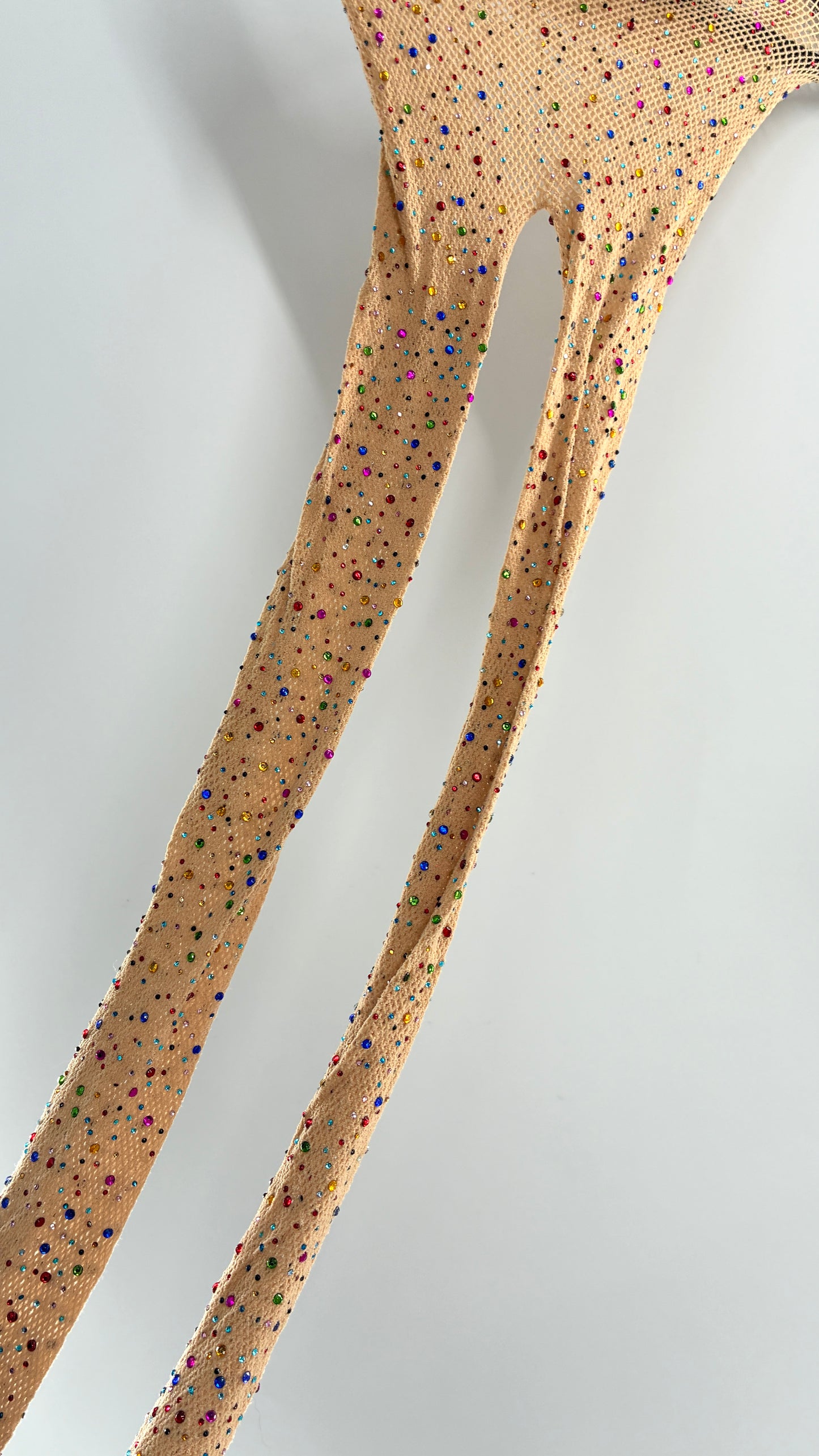 Beige Mesh Tights with All-Over Multicolored Rhinestones