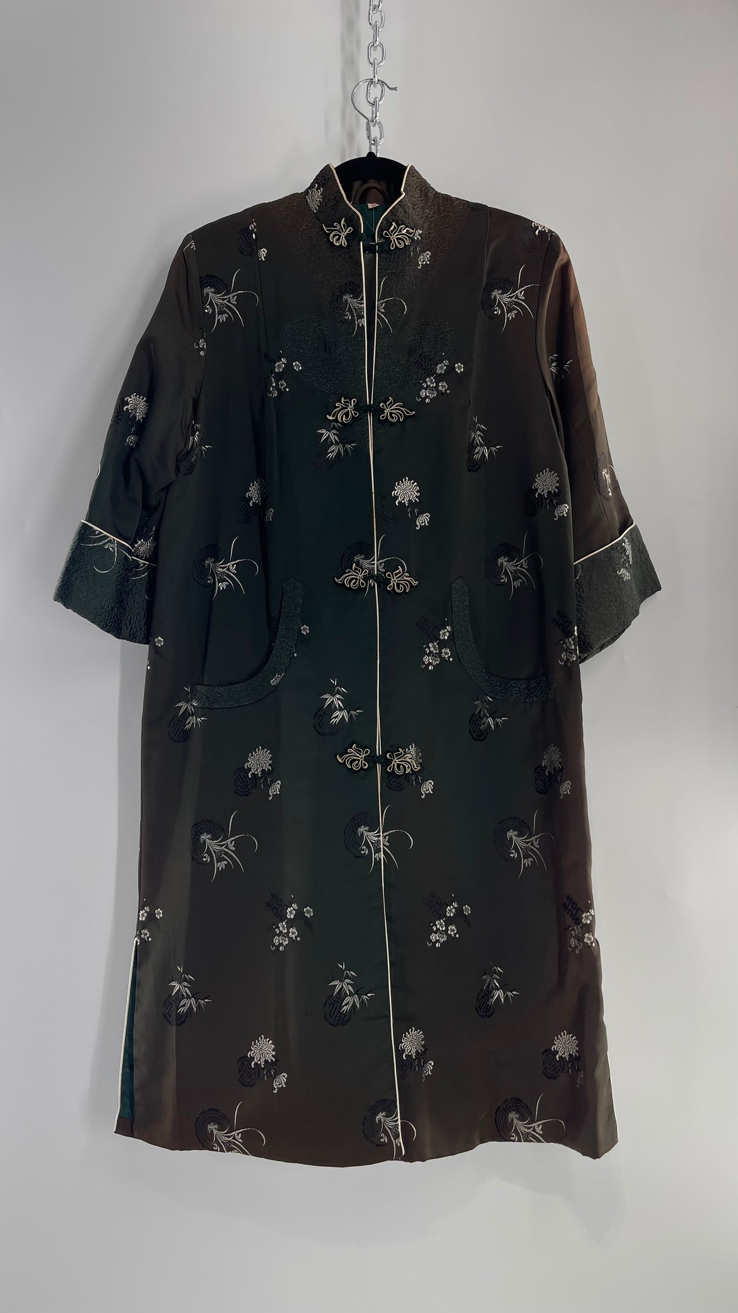 Vintage Hong Kong, Hand Made, Dark Green Silk Kimono Coat/Smoking Jacket (38)