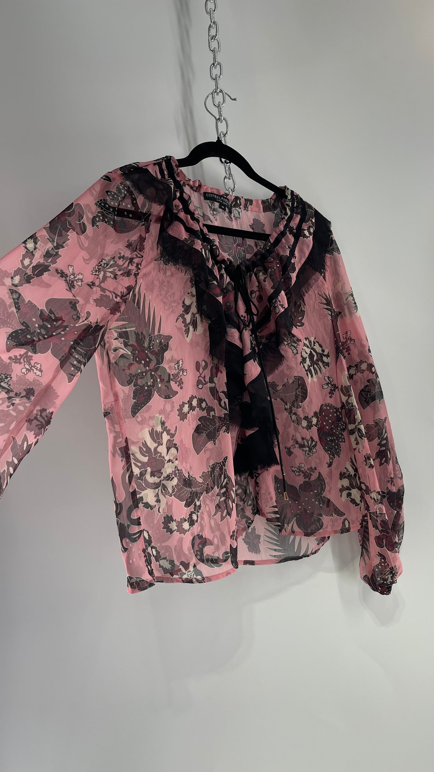 Central Park West Pink and Black Silky Ruffle Front Blouse (Medium)