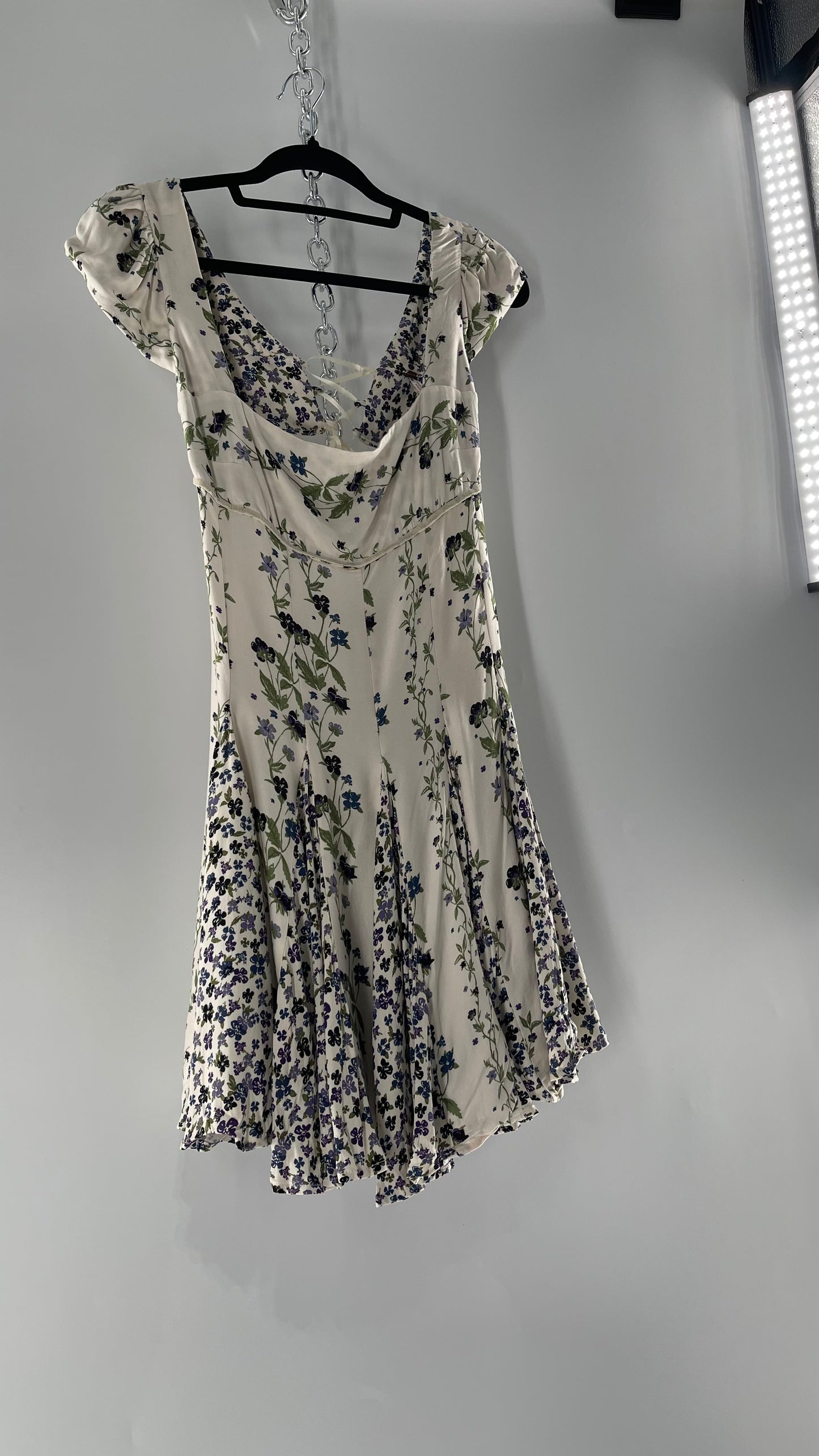 Free People Ivory Mini Dress with Violet Floral Pattern, Cap Sleeves and Lace Up Open Back (M)