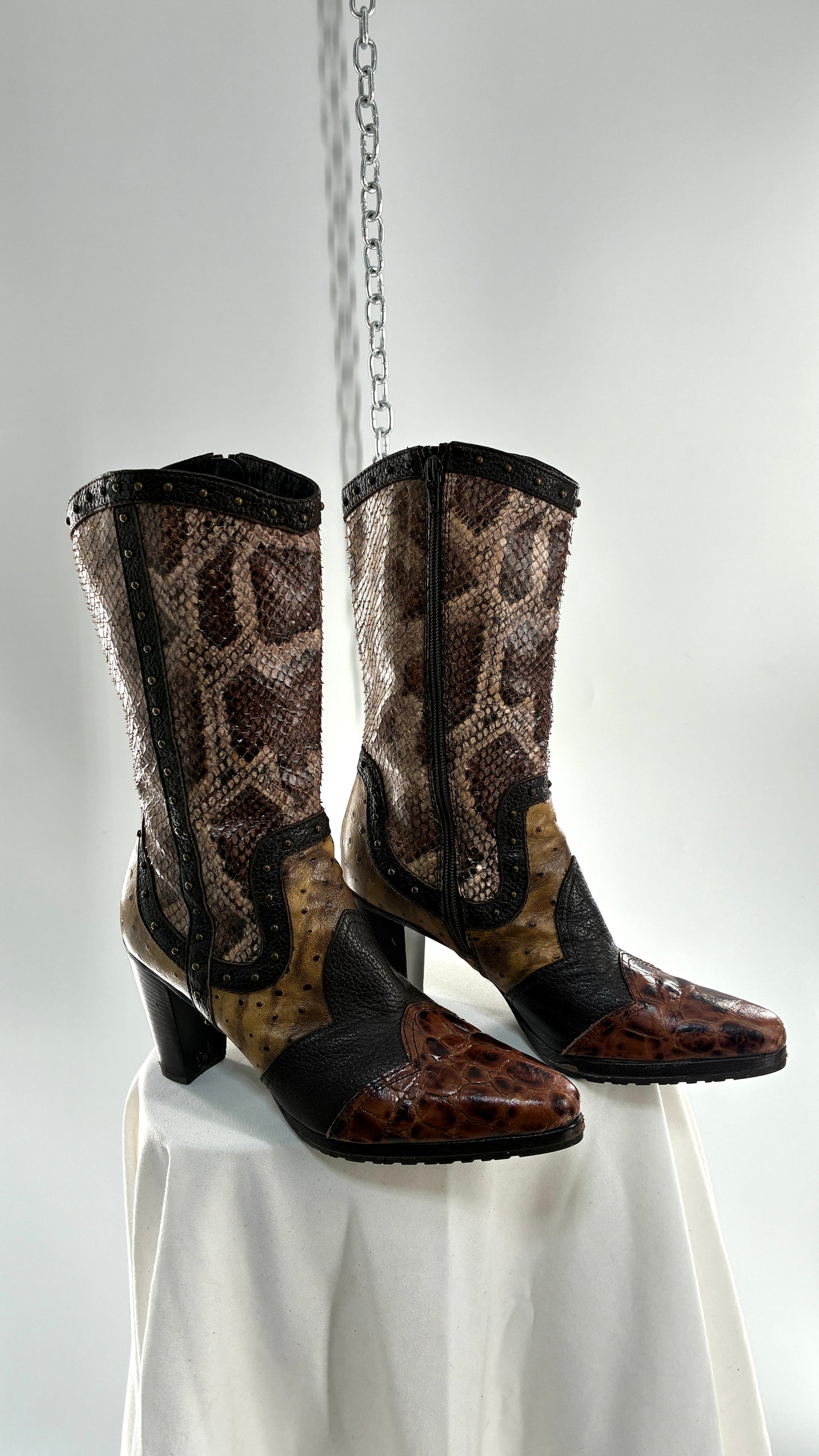 Vintage STUART WEITZMAN Stampede Boots Ft Snake, Crocodile and Ostrich Embossed Leather (8.5)