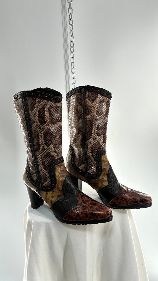 Vintage STUART WEITZMAN Stampede Boots Ft Snake, Crocodile and Ostrich Embossed Leather (8.5)