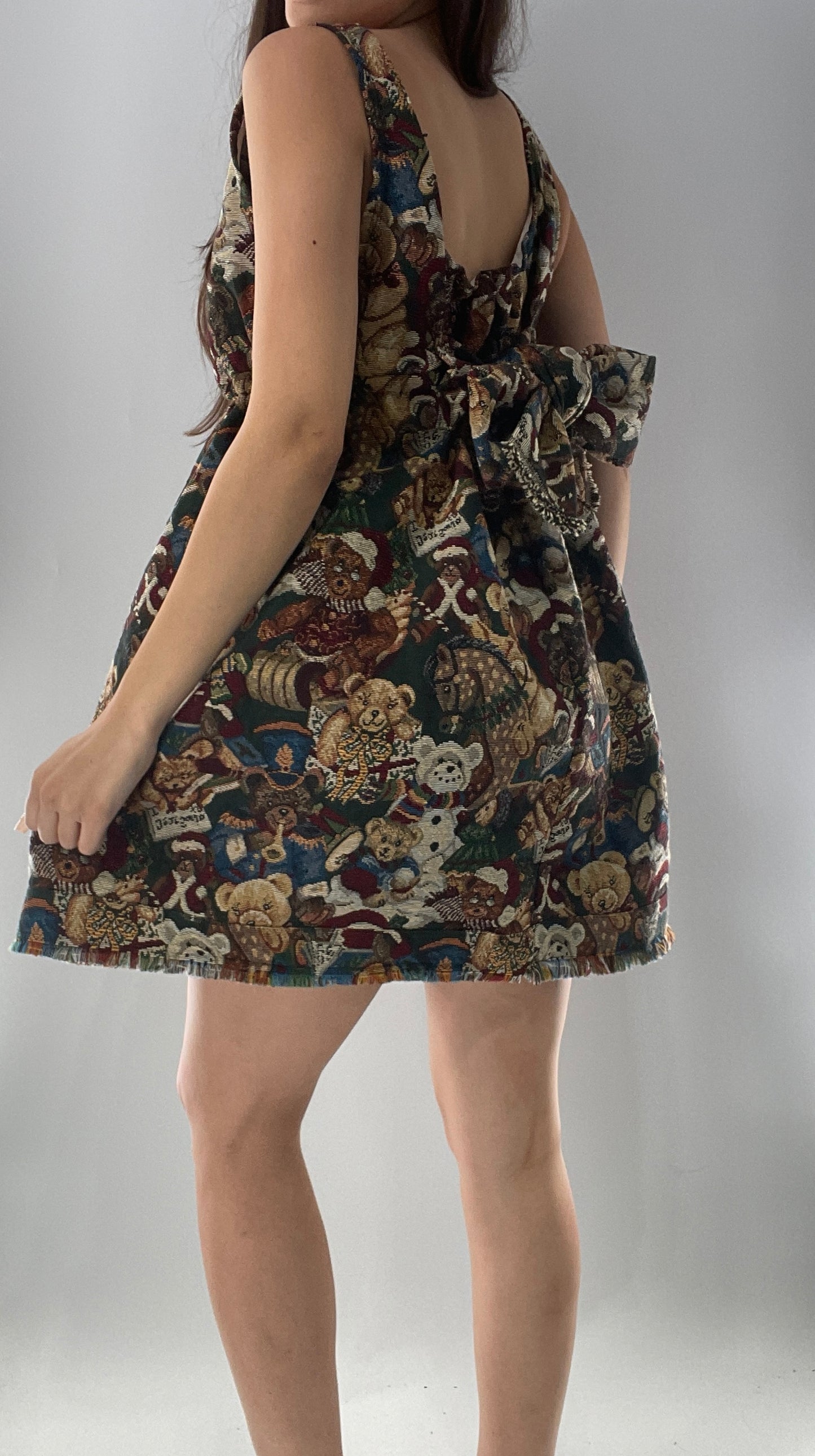 Christmas Custom Teddy Bear Tapestry Babydoll Dress with Bow Back Detail and Adjustable Neckline/Underbust (XS-L)