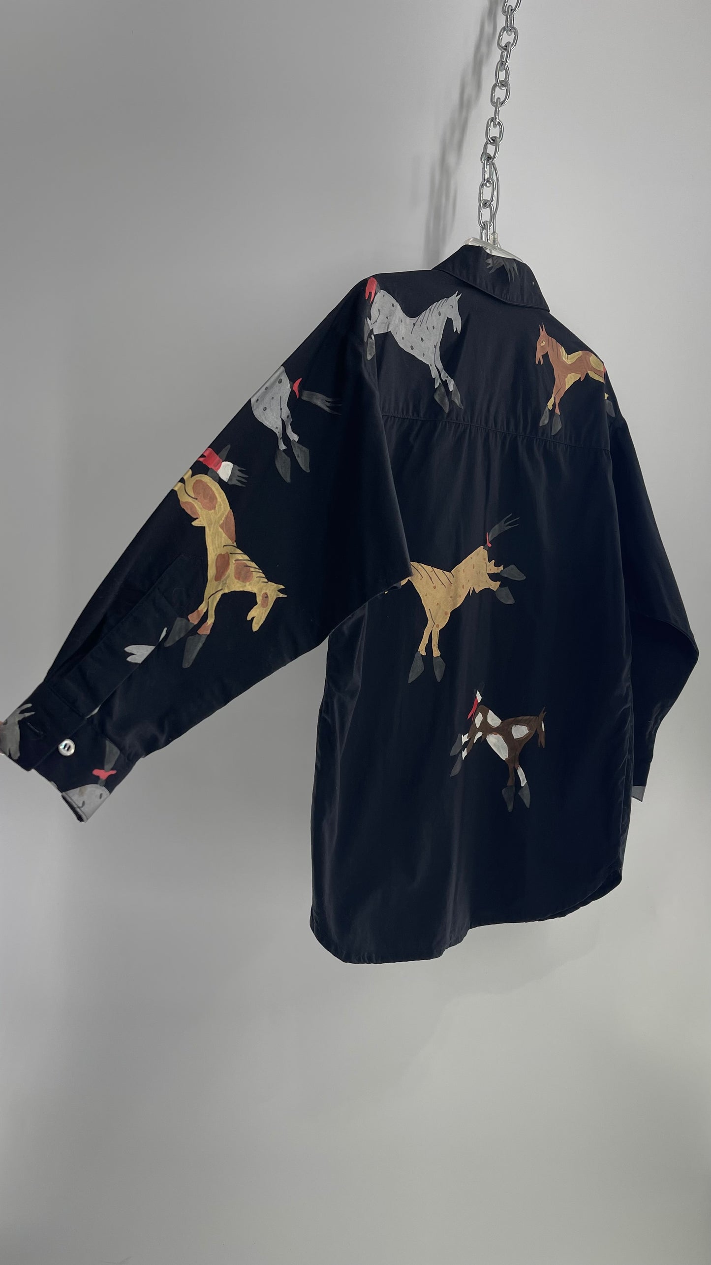 WHERE ITAT Black Button Up with Hand Painted Horses 100% Pima Cotton with Tags Attached (Small)