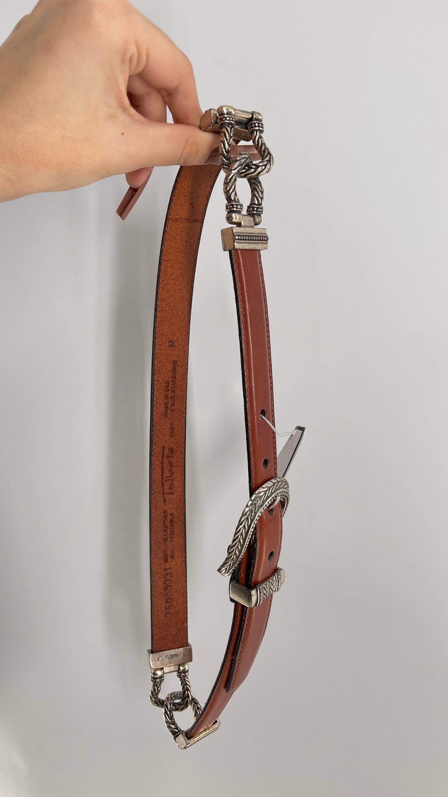 Vintage 1996 Brown Leather Skinny Belt with Western Style Silver Engraved Buckle (Medium)