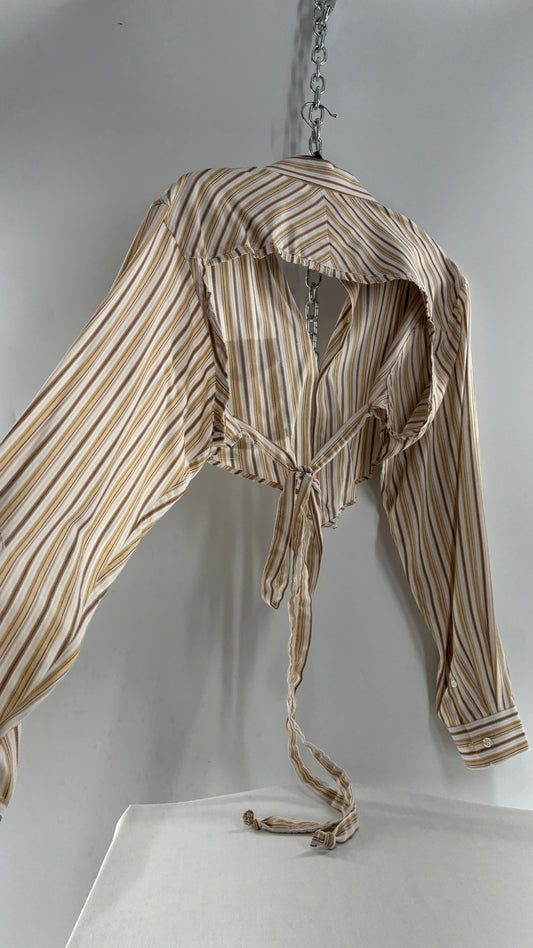 Vintage VAN HEUSEN Reworked Button Front Backless Mustard Yellow, Brown Striped Blouse (One Size)