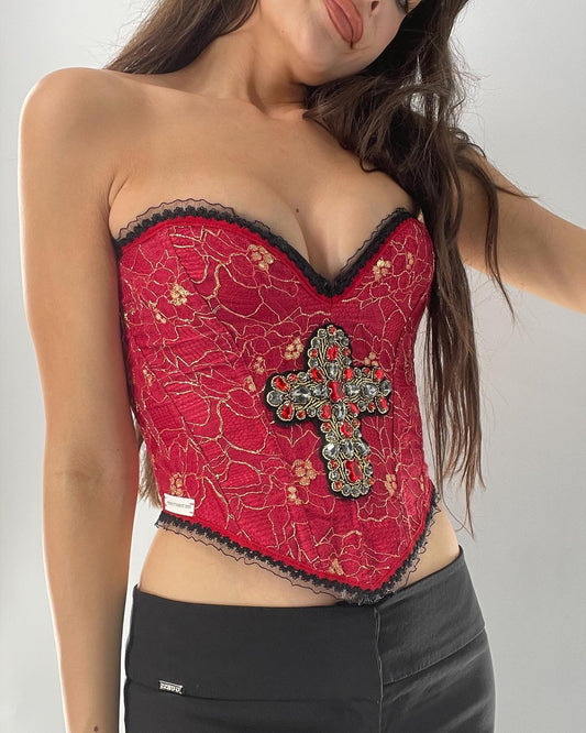 Custom Red Lace Corset with Beaded Cross Appliqué and Lace Trim (XS/S)