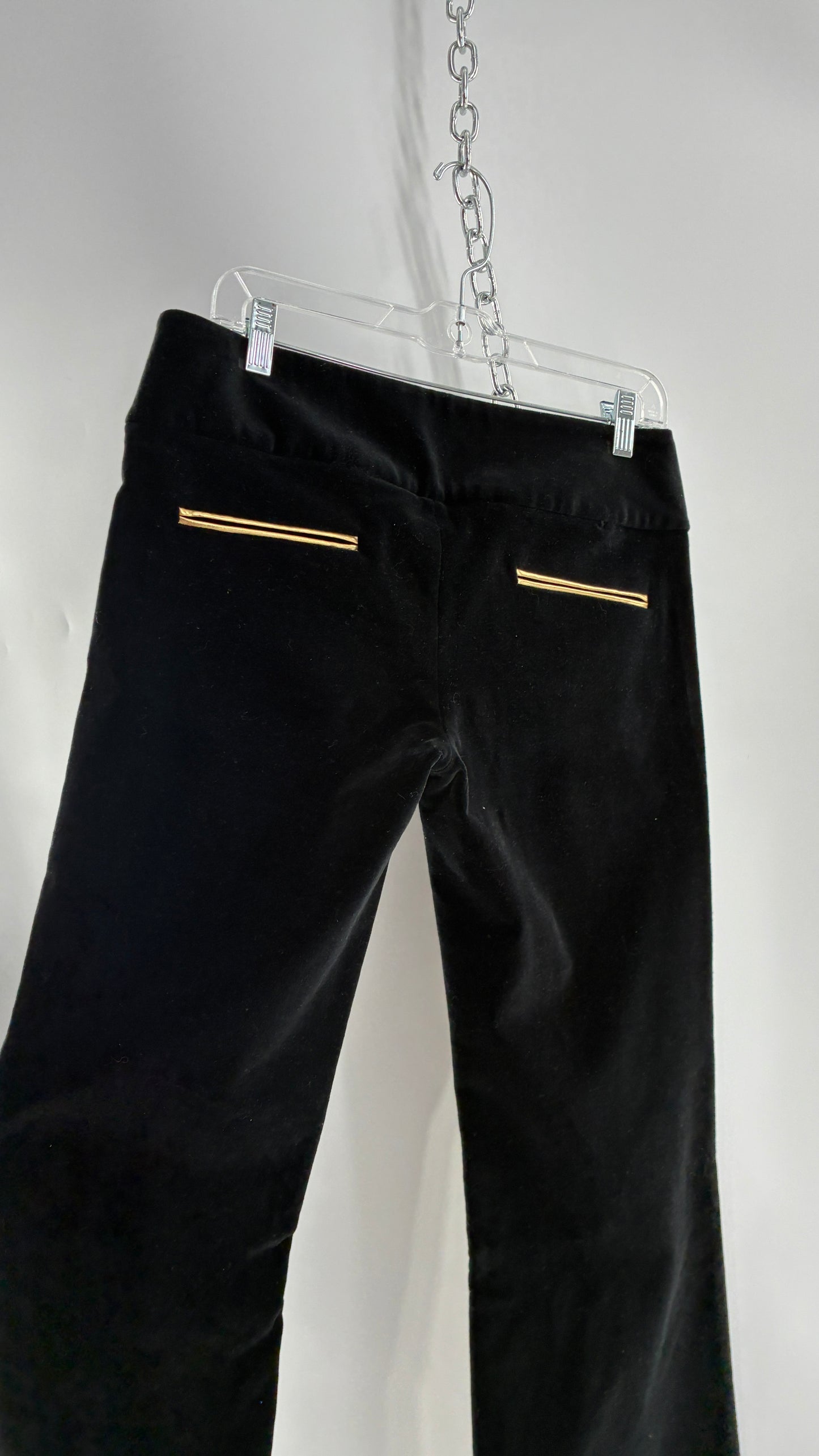 Vintage Alice + Olivia Thick Black Velour Low Rise Kickflare Pants with Thick Waistband with Gold Coin Detailing (6)