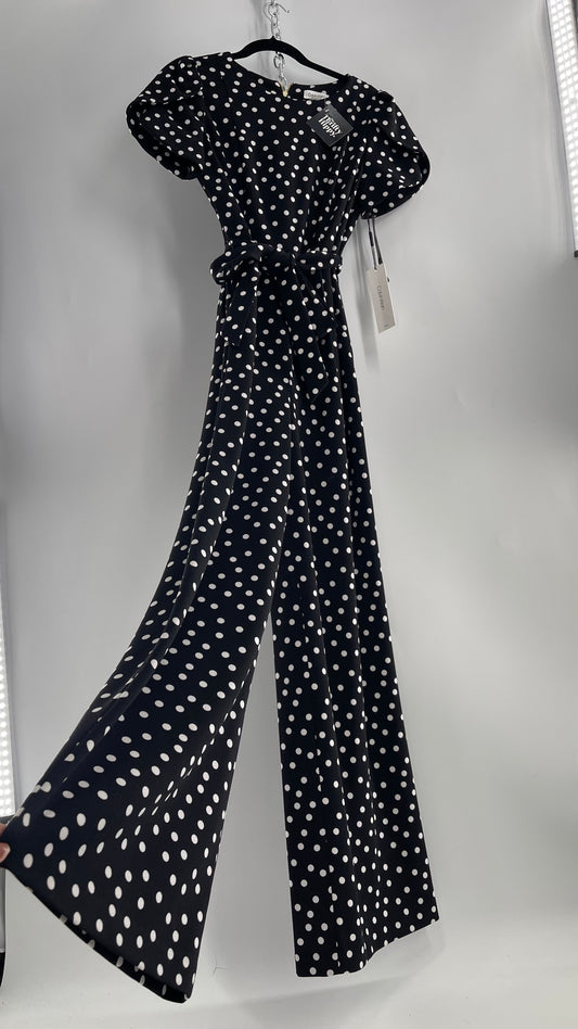 Calvin Klein Black/White Polka Dot Jumpsuit with Waist Tie and Wide Legs (10)