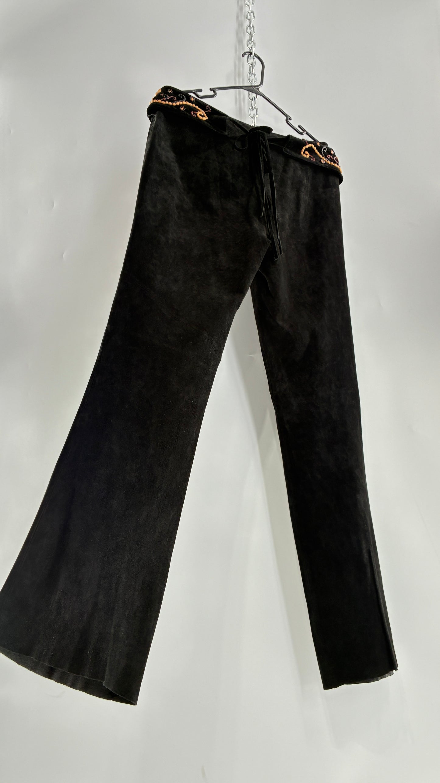 Vintage Margaret Godfrey Black Genuine Suede Leather Kick Flares with Wide Beaded Belt (10)