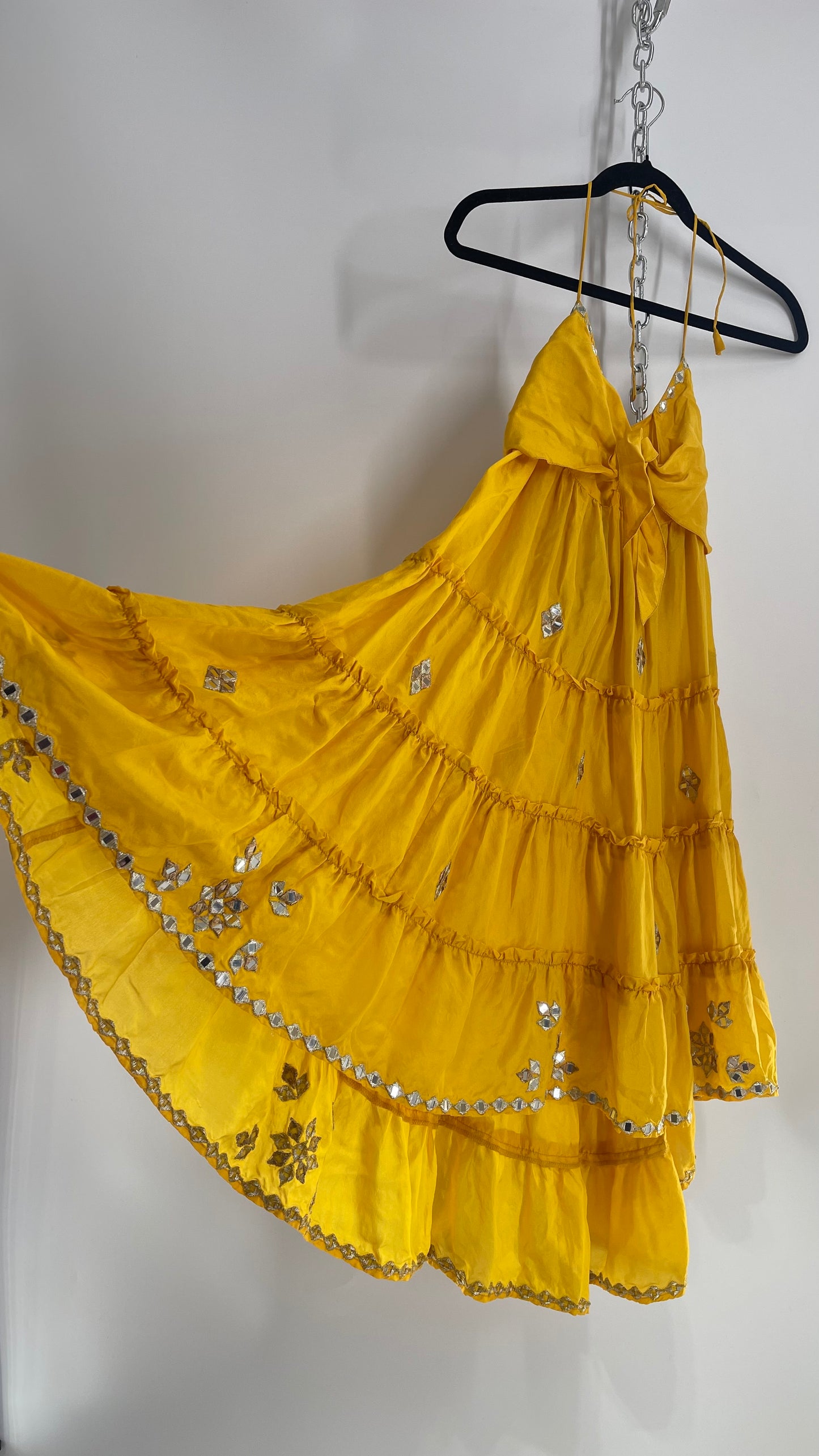 Vintage Juliet Dun Silky Yellow Tiered Dress with Mirror Details (2)