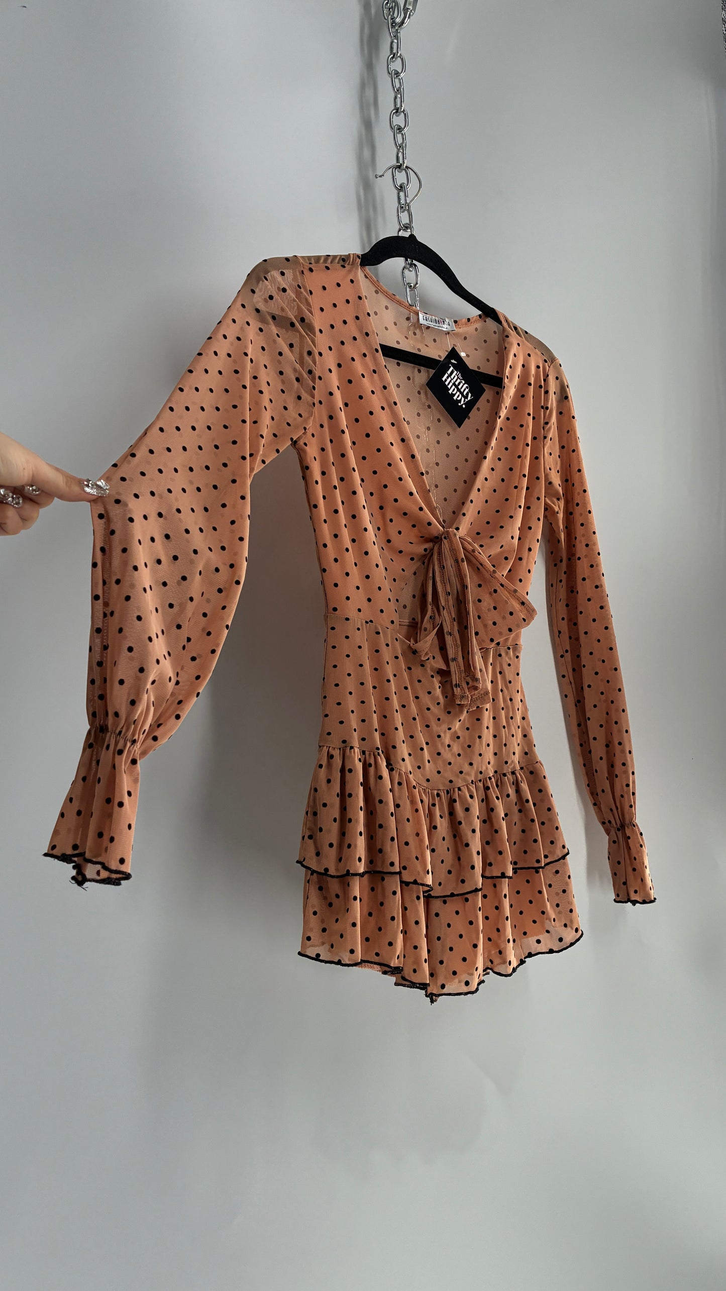 Fashion Nova Tan/Apricot Balloon Sleeve Romper with Ruffled Shorts and Cut Out, Tie Front Bust (Small)