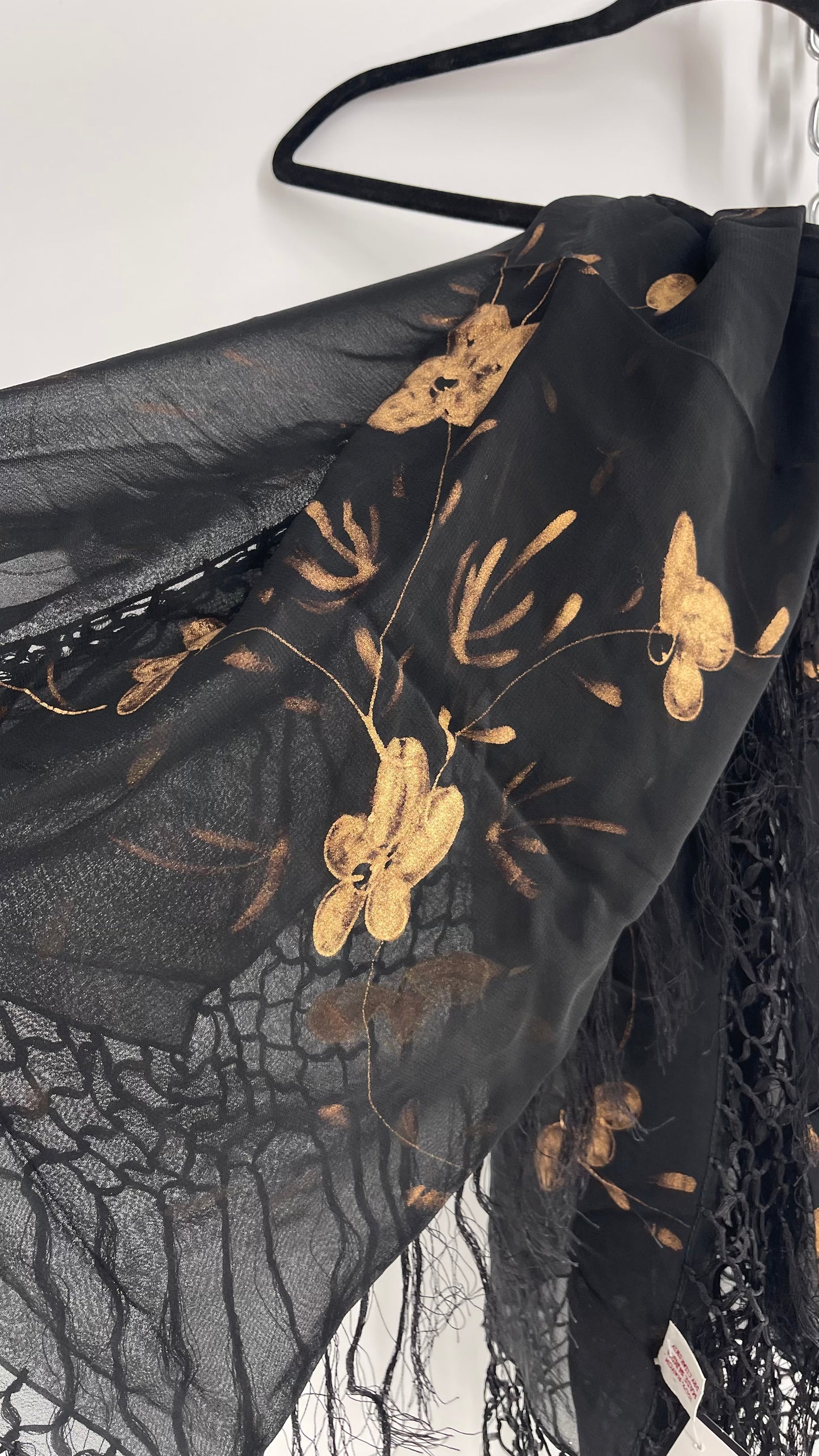 Vintage Black Fringe Scarf with Gold Painted Florals