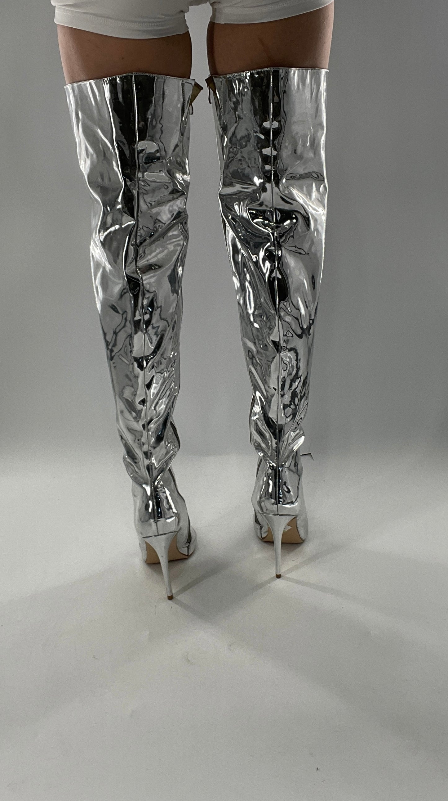 Vintage Chrome Platinum Mirrored Thigh High Molten Metal Sky High Boots Space Cadet/Concert (7)