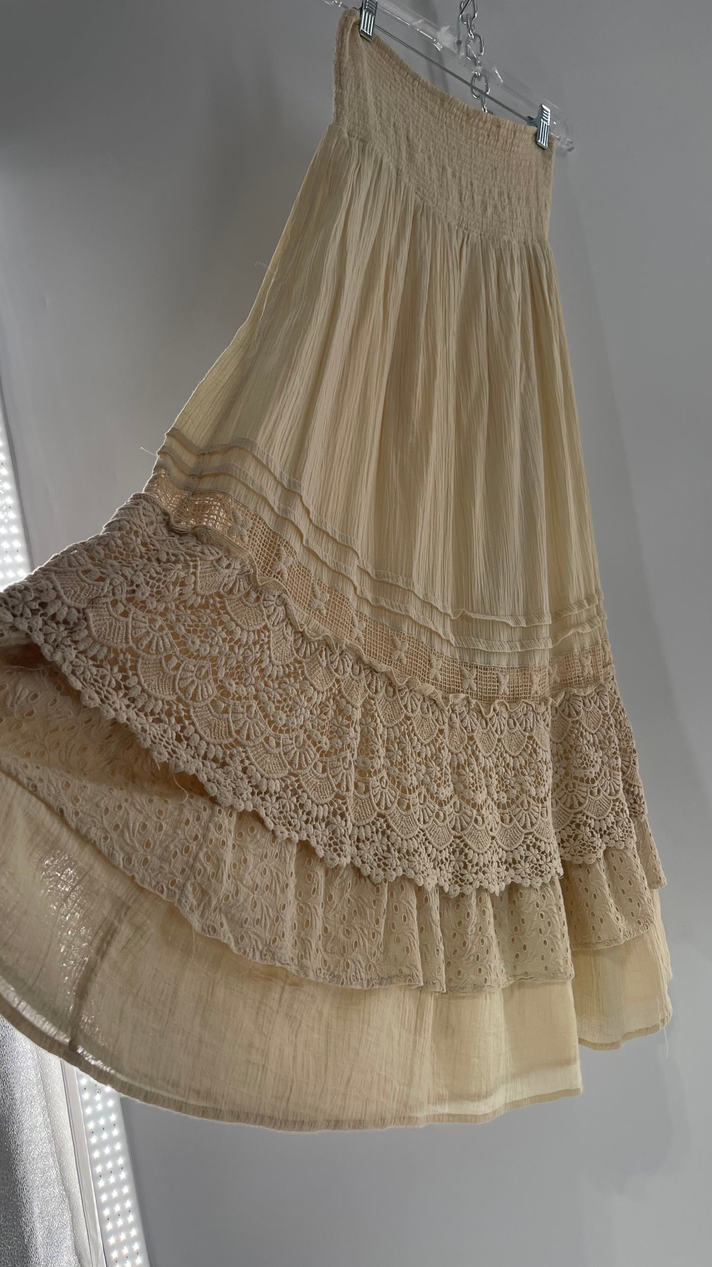Free People Beige Gauze/Cotton Full Length Skirt Lined with Lace  (XS)