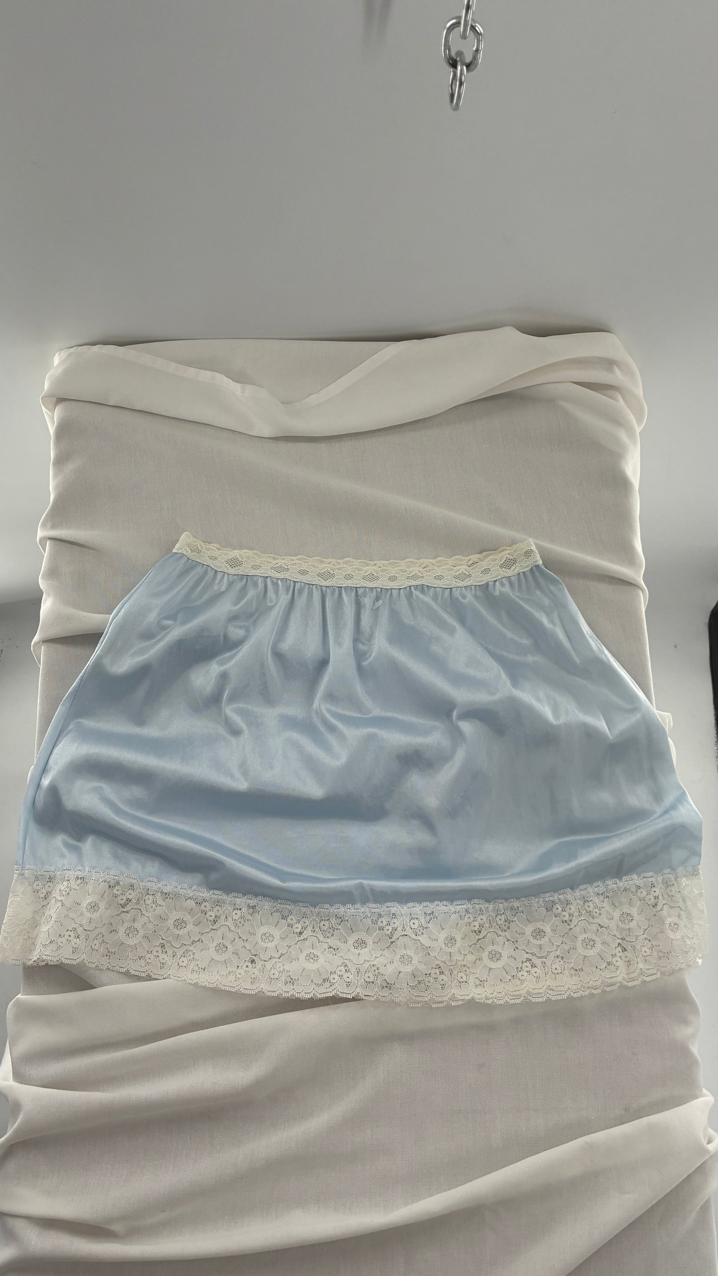 Vintage VELROSE Baby Blue Mini Skirt with Thick White Lace (Large)
