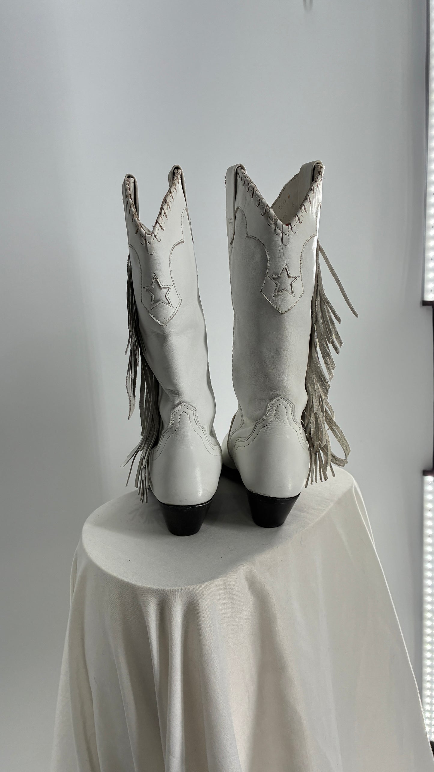 Deadstock Vintage ACME White Cowboy Boots with Braided Cuff, Fringe Sides(6)