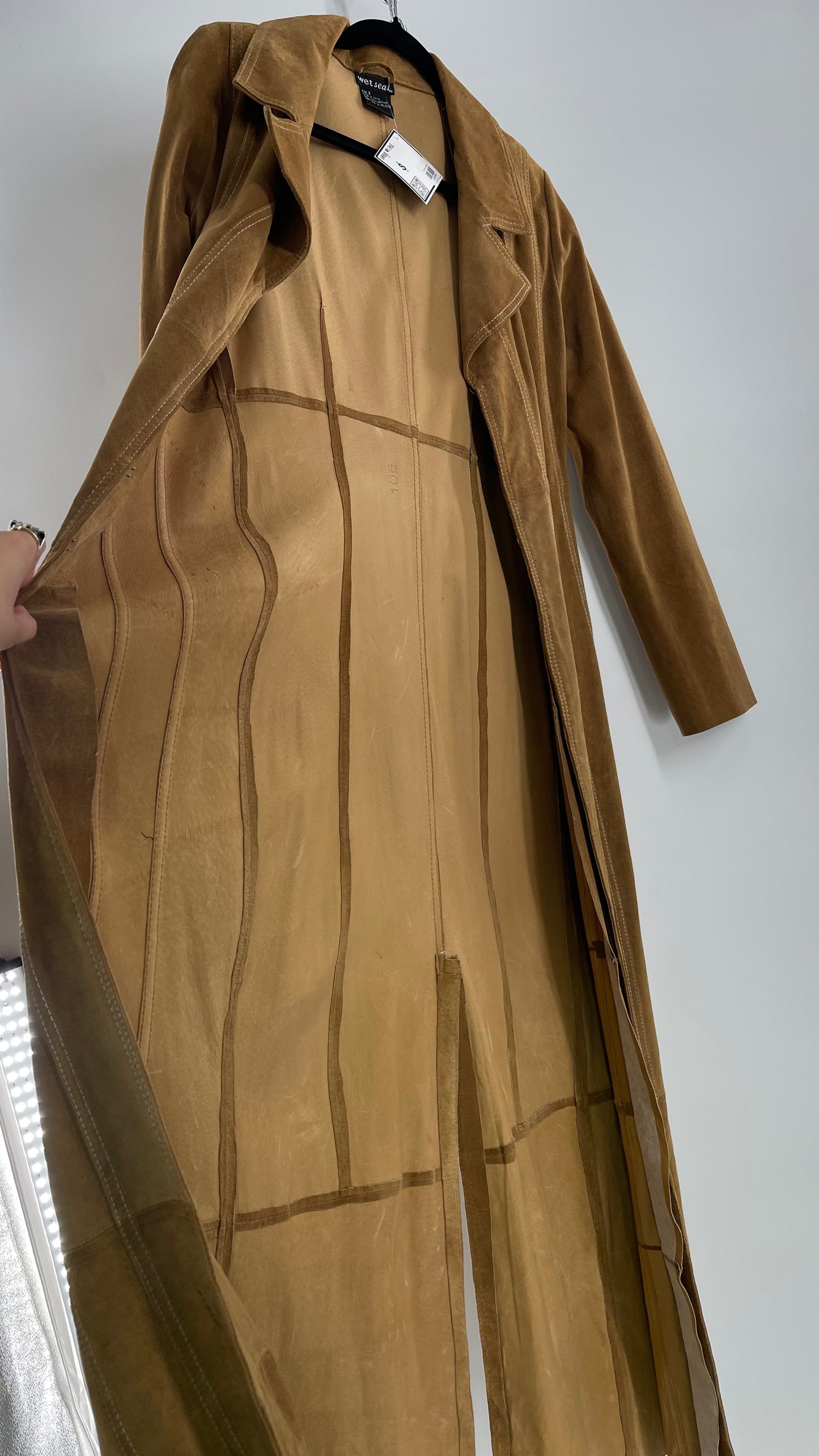 Vintage Wet Seal Full Length Paneled Tan Leather Sweeping Coat (Small)