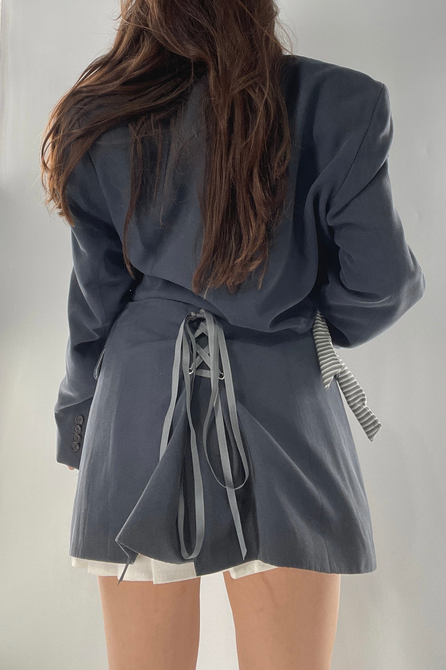 CUSTOM Handmade 2pc Suit Set Gray/Blue with Open Corset Back Skirt and Cropped Jacket (One Size)