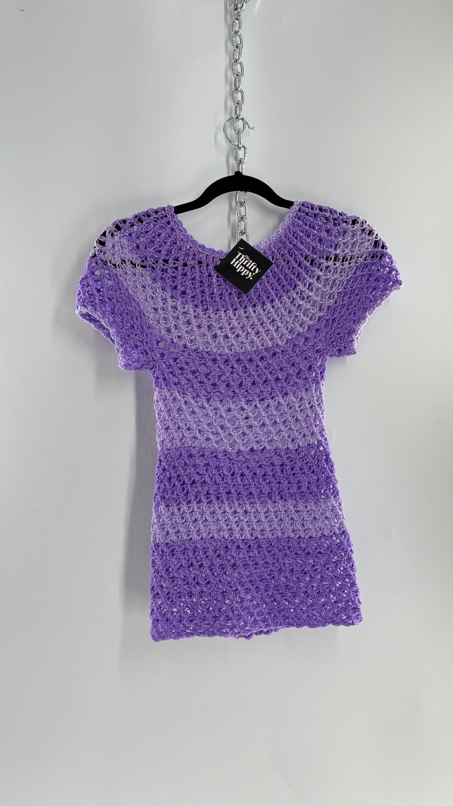Vintage Handmade Striped Lilac and Purple Crochet Puff Sleeve Top (Small)