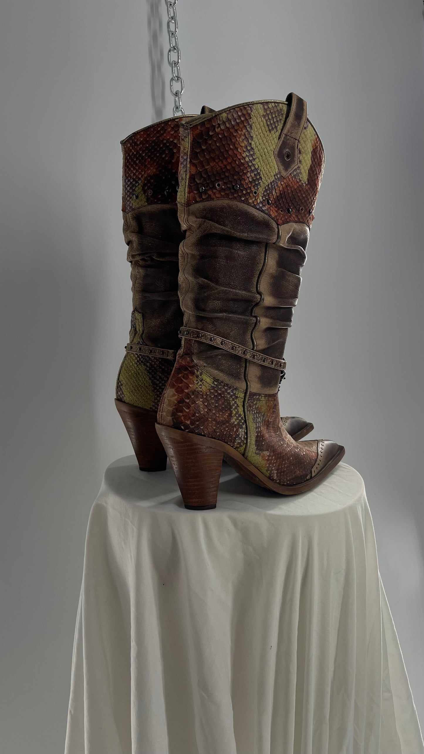 Vintage Steve Madden Stacked/Ruched Pointed Toe Cowboys with Snake Texture, Brown/Green/Orange with Chains and Studs (8)