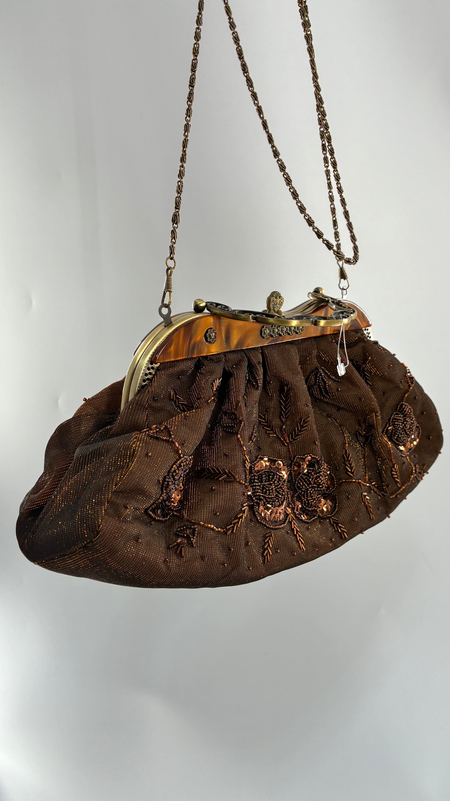 Vintage Brown Beaded and Sequin Purse with Bronze Metal Closure and Iridescent Fabric