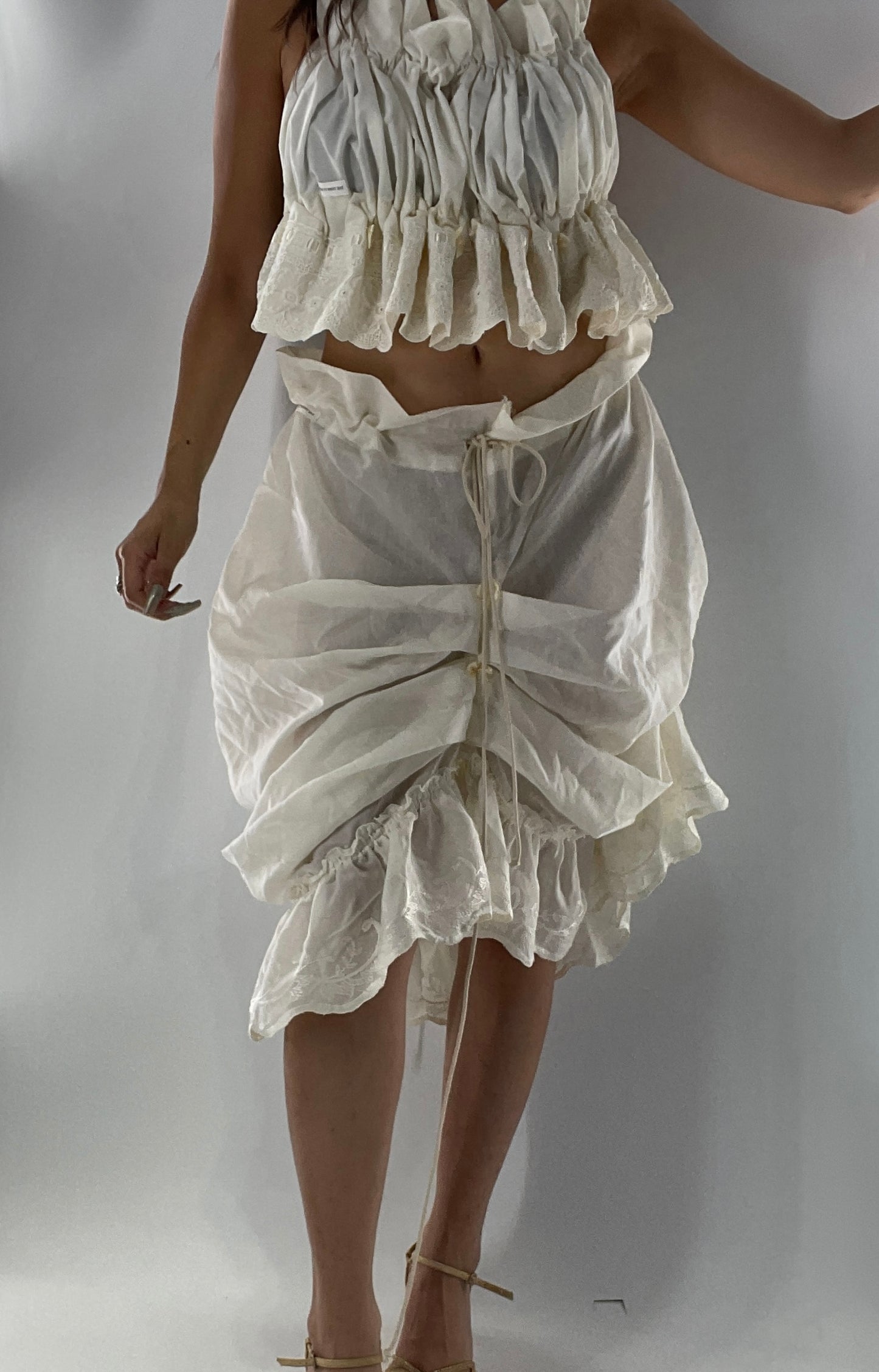 Custom Vintage Cottage Off White Set with Ruched/Scalloped Lace/Backless Top and Draping/Ribbon Skirt (One Size)