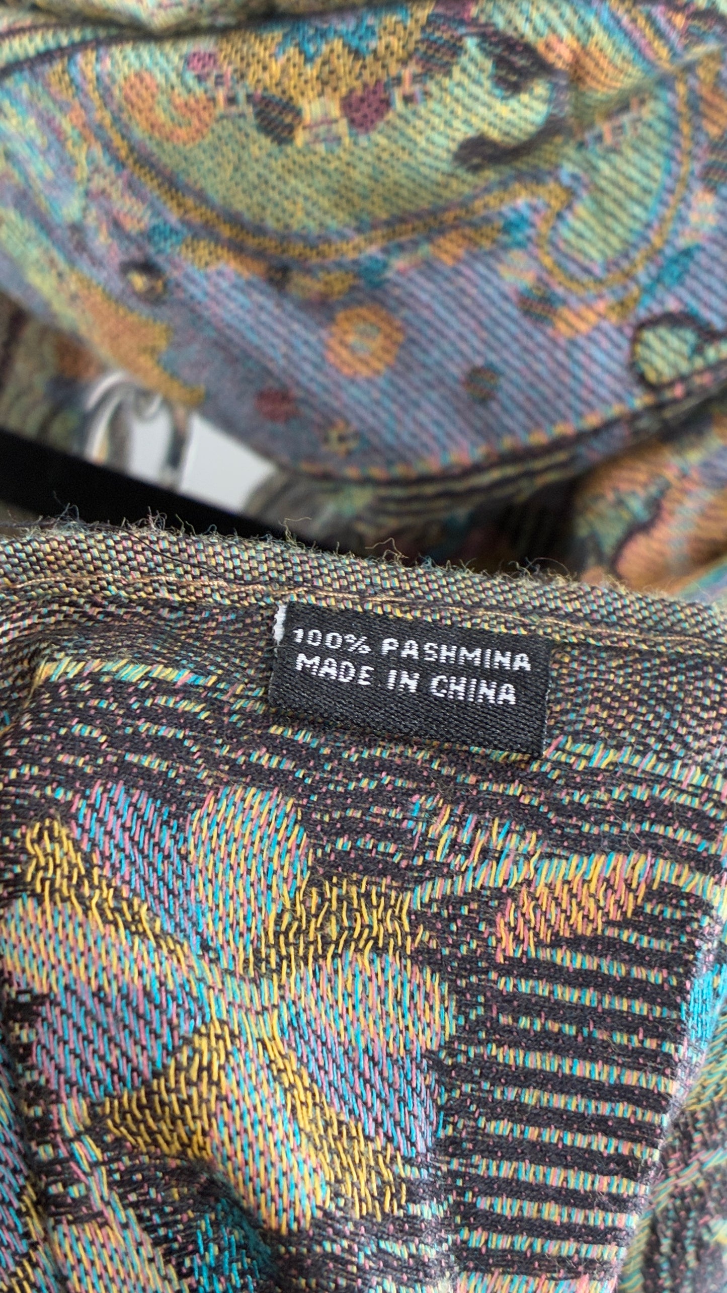 Vintage Pashmina Green Paisley Fringe Scarf