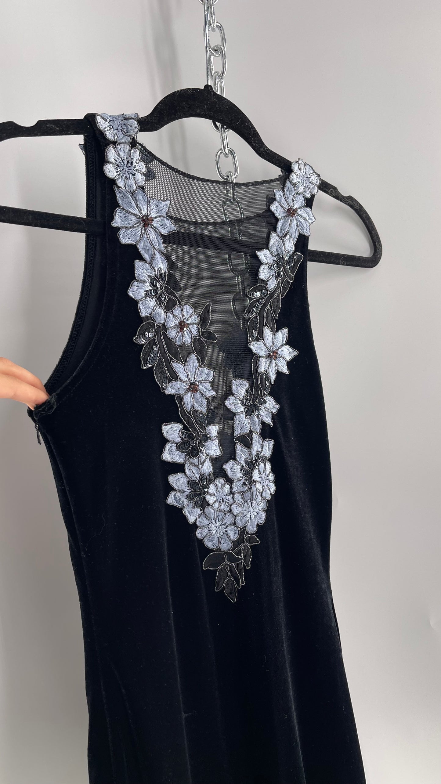 Vintage Jessica McClintock Black Velvet Fit And Flare Gown with Plunging Neckline Covered in Embroidered Beaded Pale Blue Flowers (2)