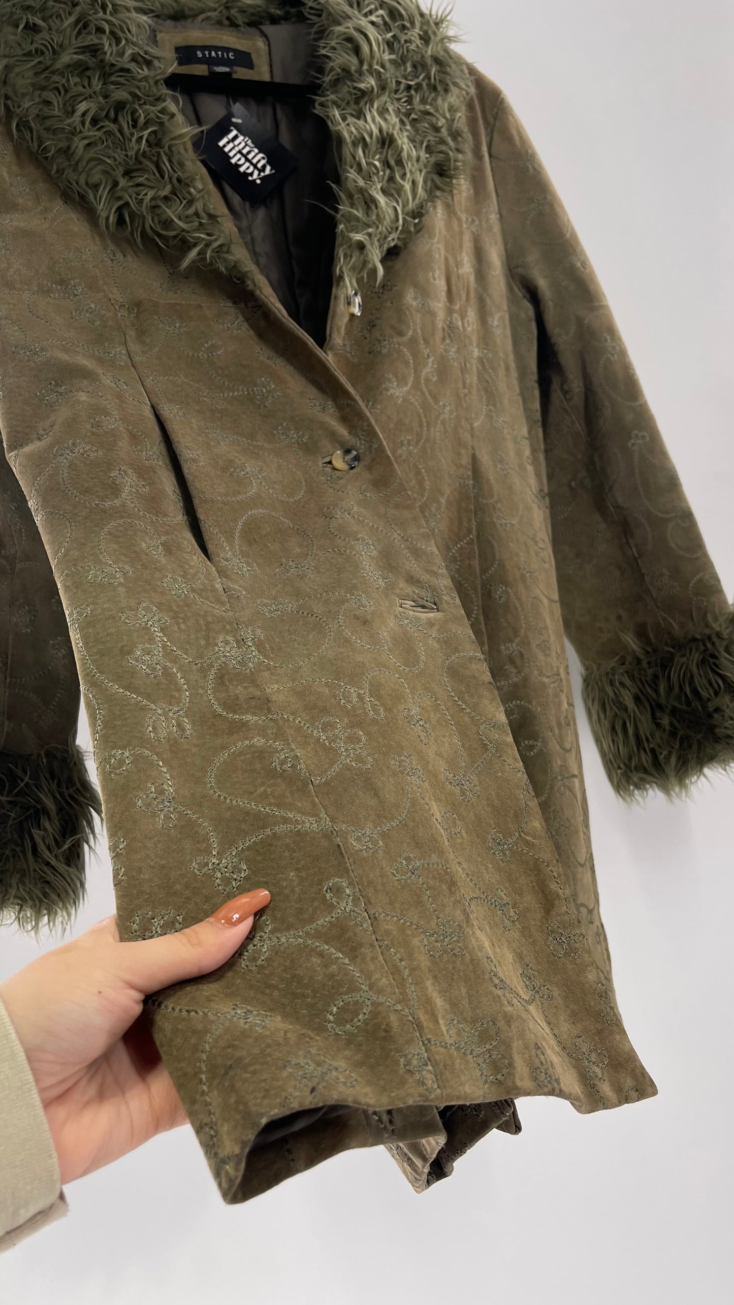 Vintage STATIC Embroidered Genuine Leather Coat with Fur Cuffs and Collar (C) (XL)